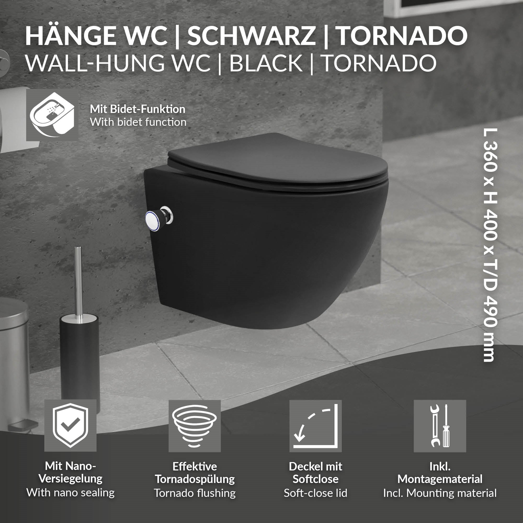 Schwarzes, wandhängendes WC mit Bidet-Funktion und Softclose-Deckel.