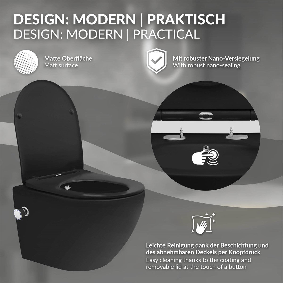 Toilettes noires avec revêtement nano et bouton de nettoyage.