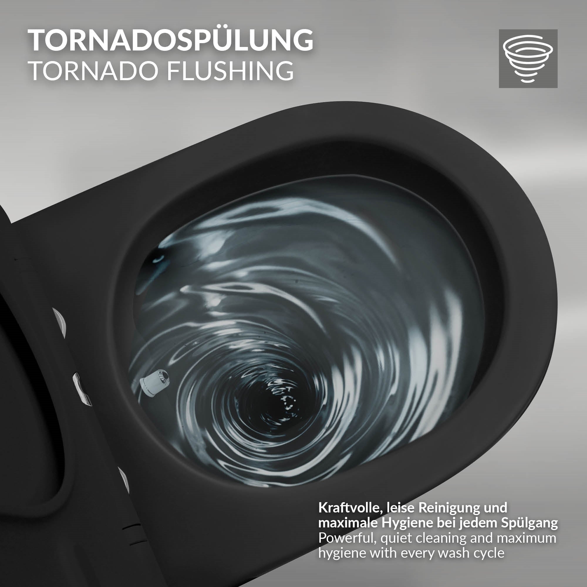 Wasserwirbel in einer Toilette, die Tornadospülung zeigt.