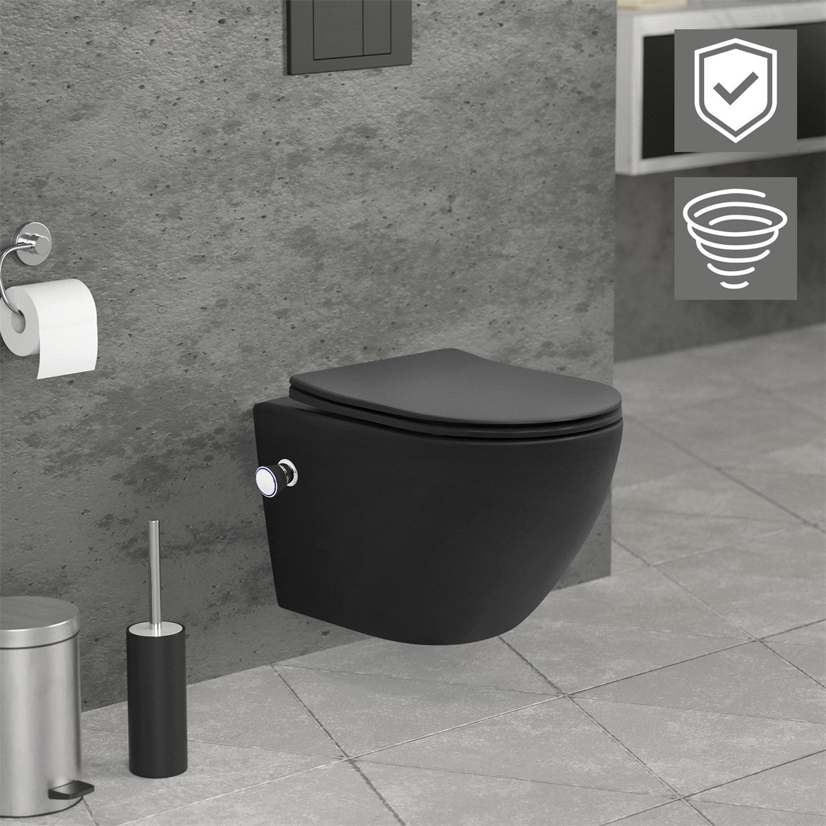 Black wall-hung toilet in a modern bathroom with gray tiles.