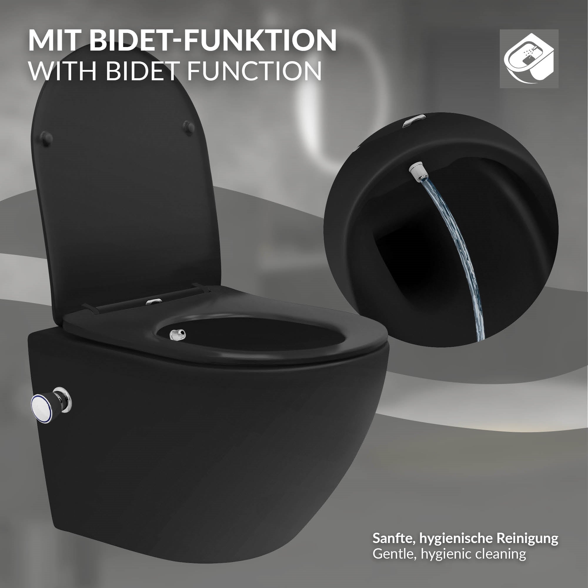 Schwarze Toilette mit Bidet-Funktion und Wasseranschluss.