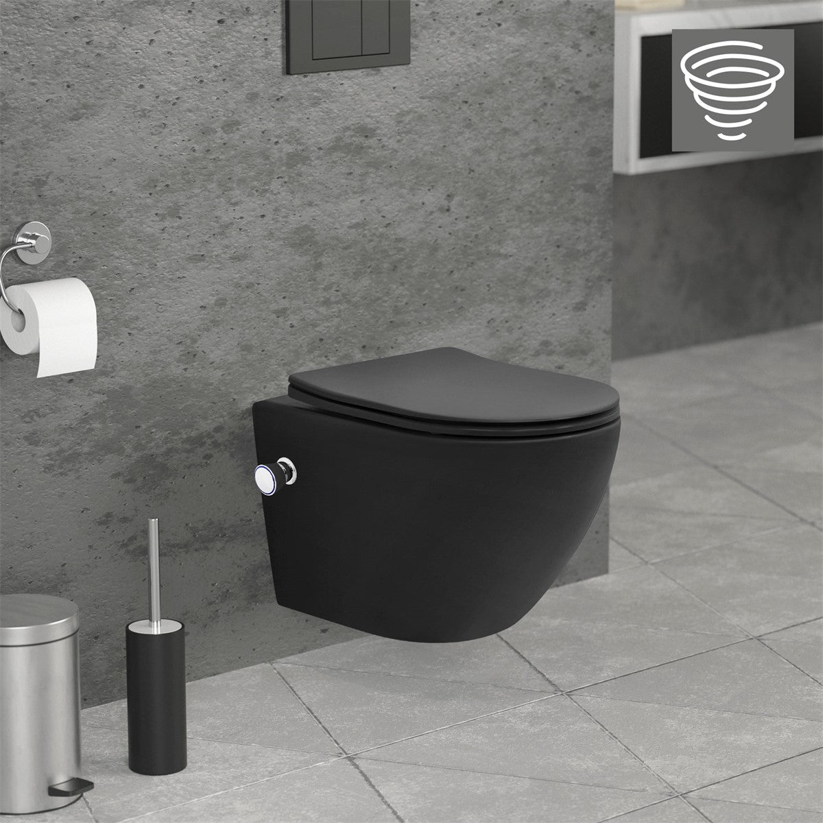 Black wall-hung toilet with a flush button and toilet paper holder.