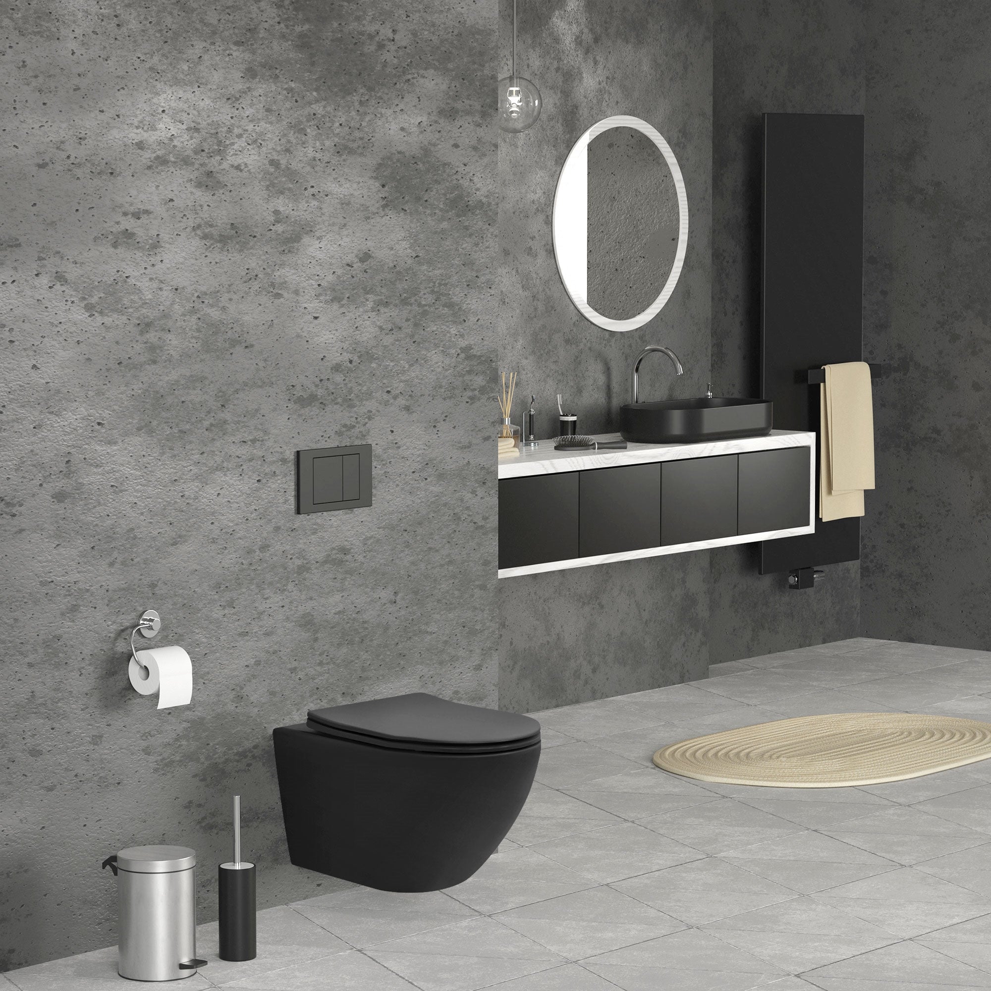 Modernes Badezimmer mit grauen Wänden, runder Spiegel und schwarzem WC.
