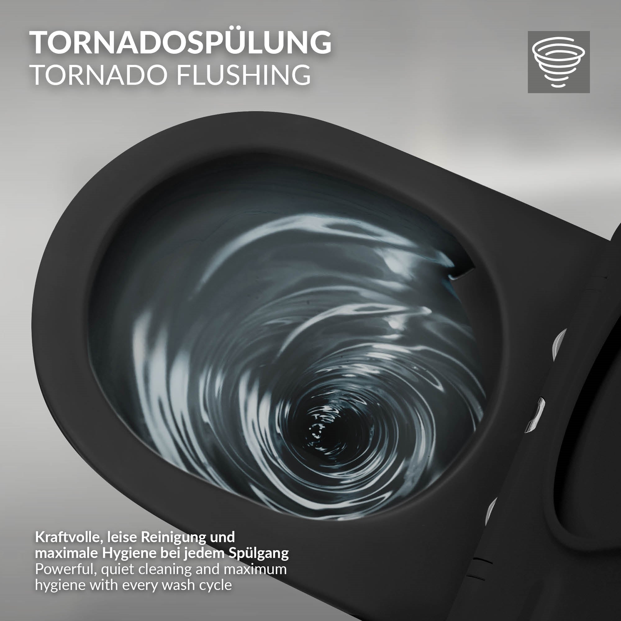 Nahaufnahme der Tornadospülung in einer schwarzen Toilette.