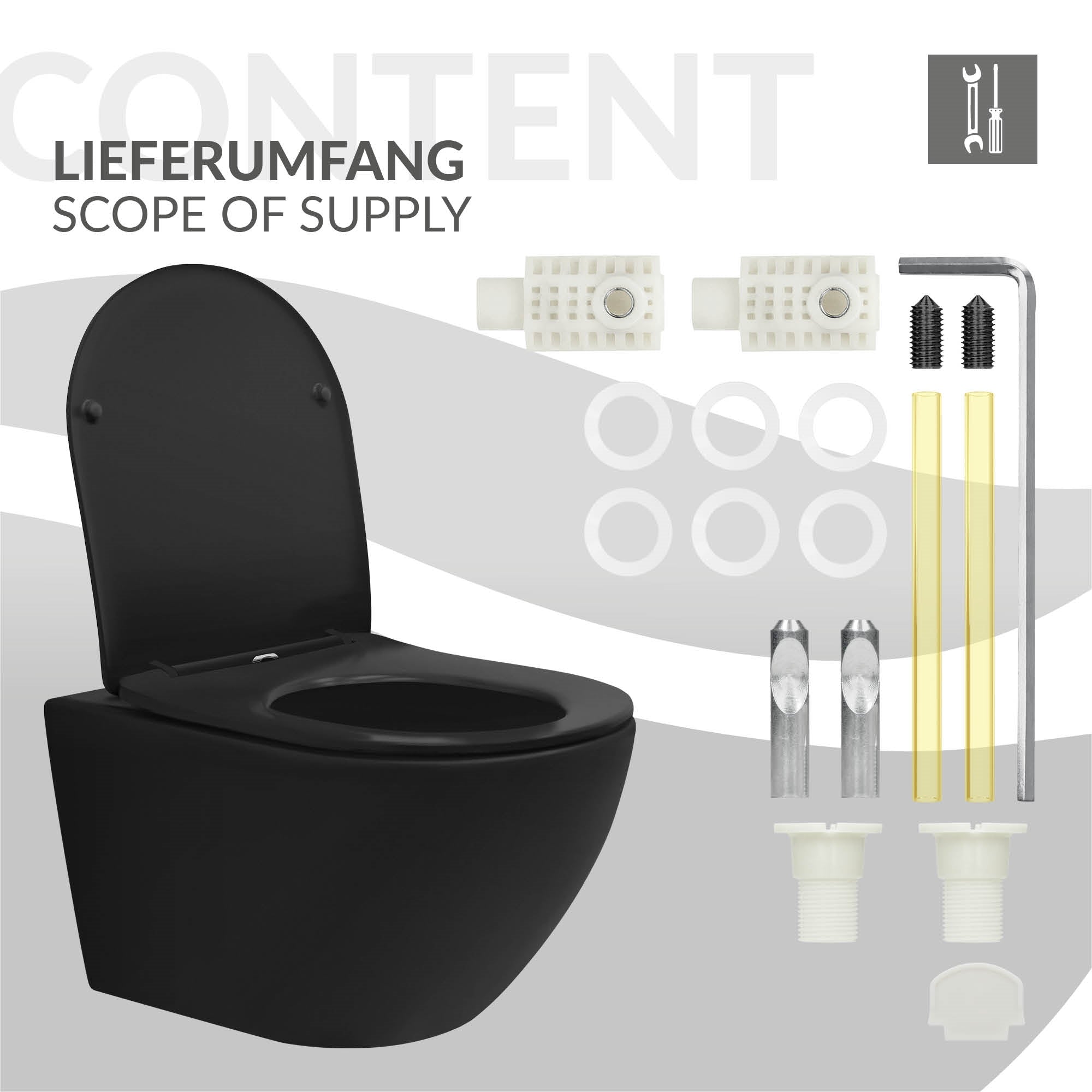 Lieferumfang für schwarze hängende Toilette, Montagezubehör abgebildet.