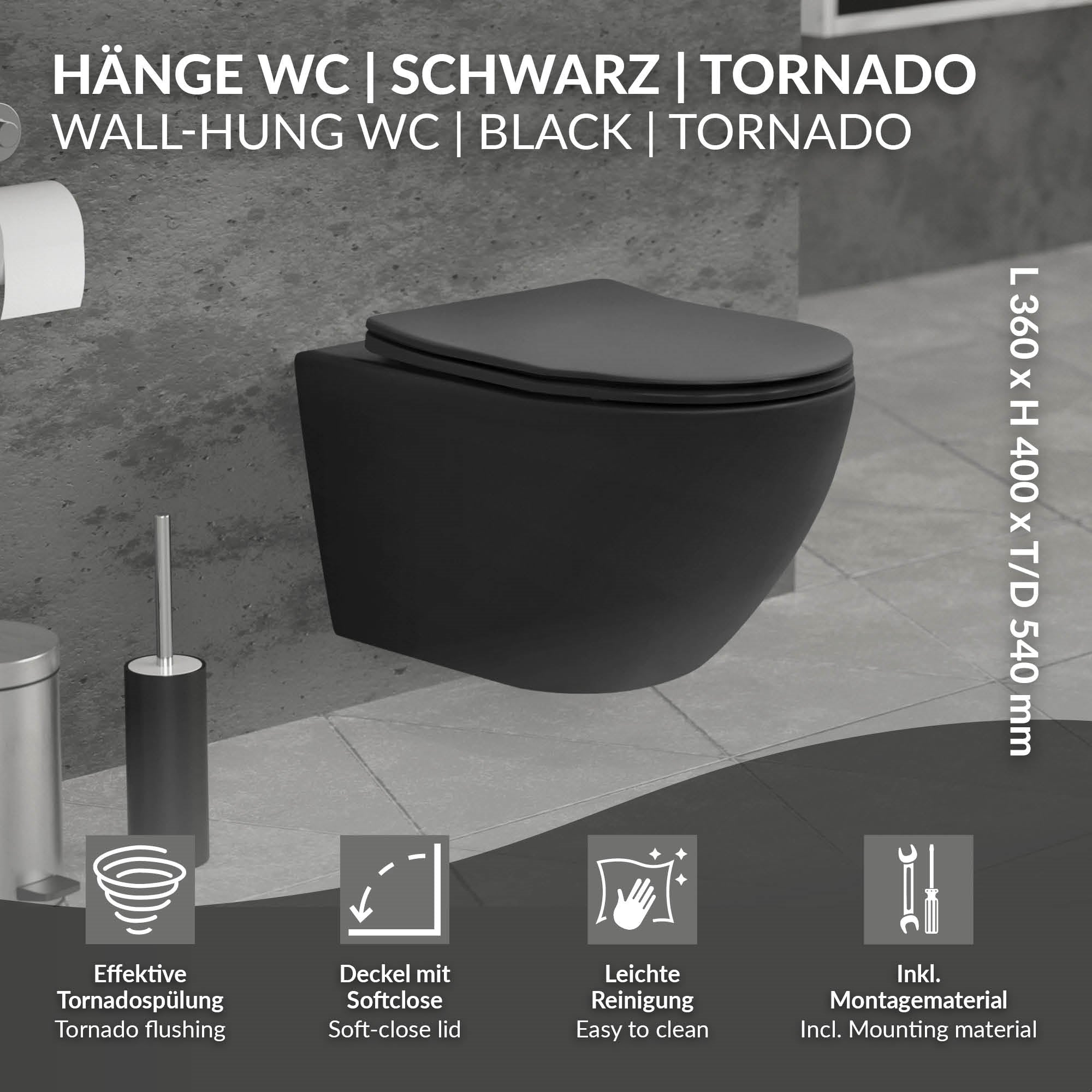 Schwarze hängende Toilette, Softclose-Deckel, einfache Reinigung.