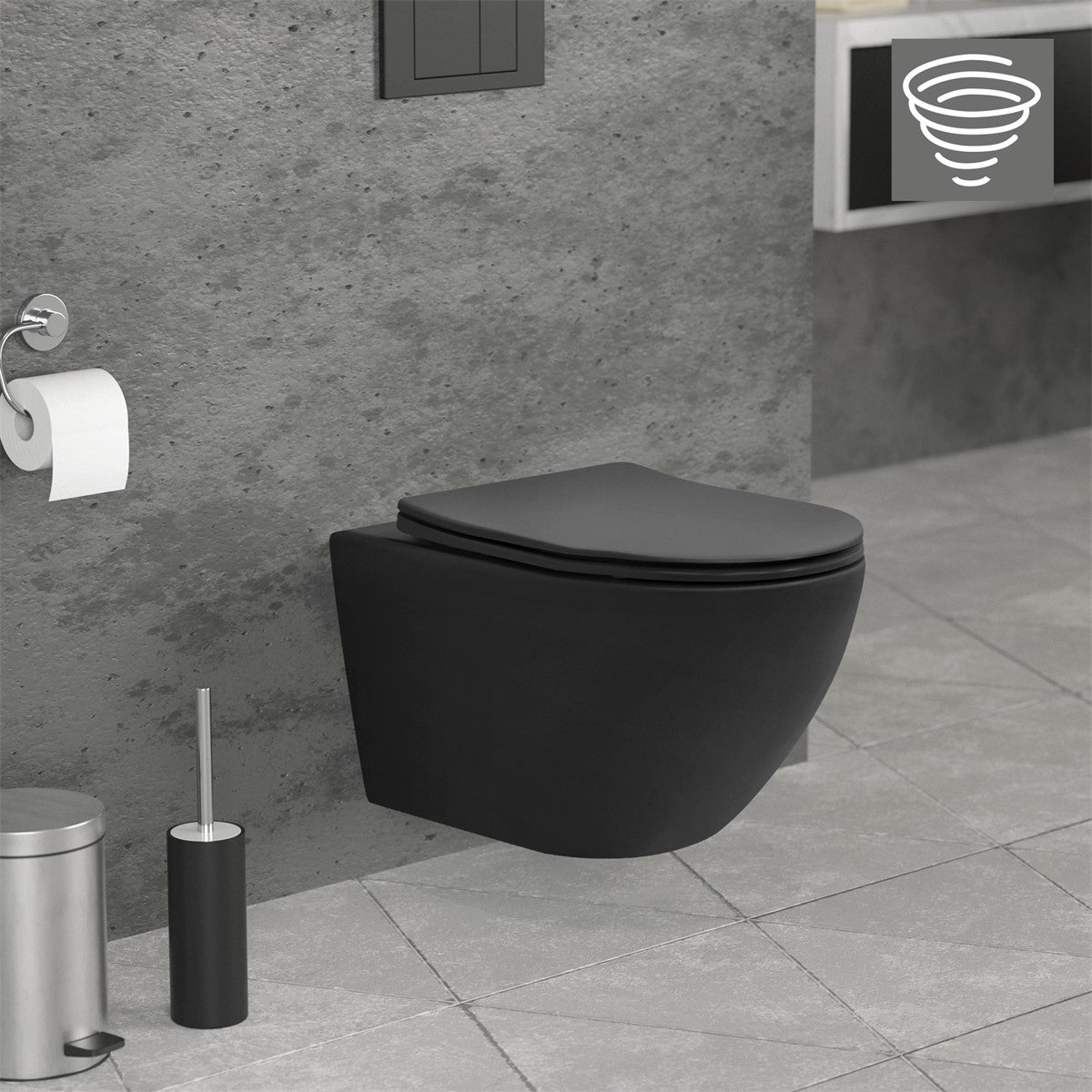 Black wall-hung toilet in a modern bathroom with gray walls.