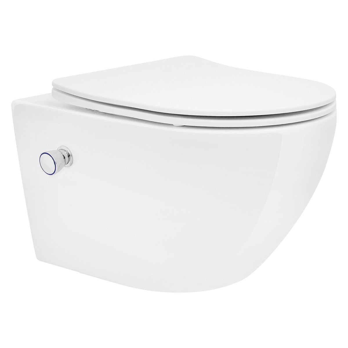 White wall-mounted toilet with a rounded shape and flush button.