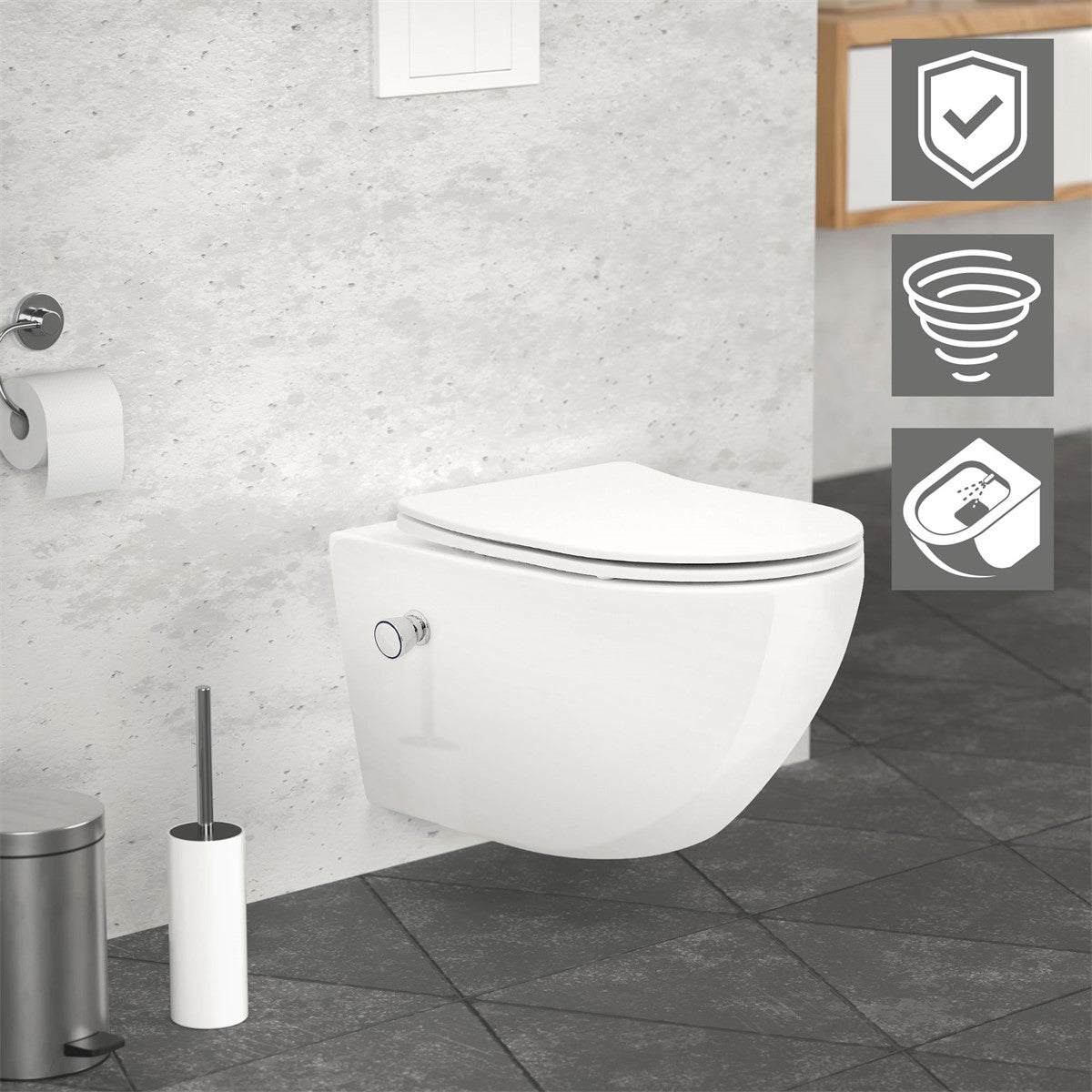 White wall-hung toilet in a modern bathroom with grey tiles.