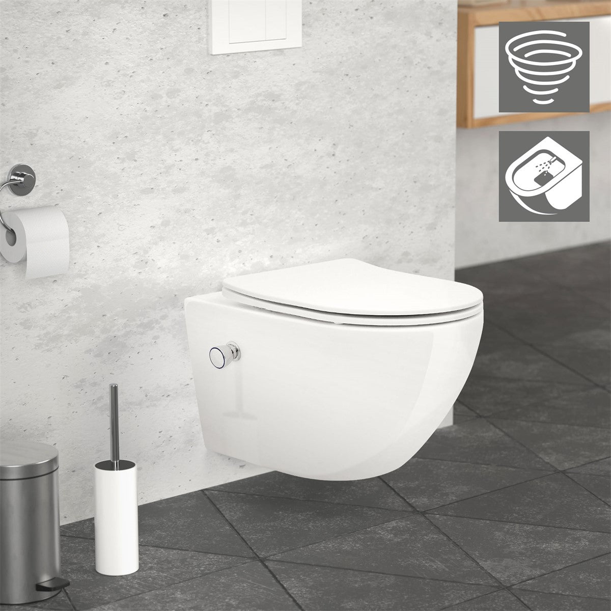 White wall-hung toilet in a modern bathroom with grey tiles.