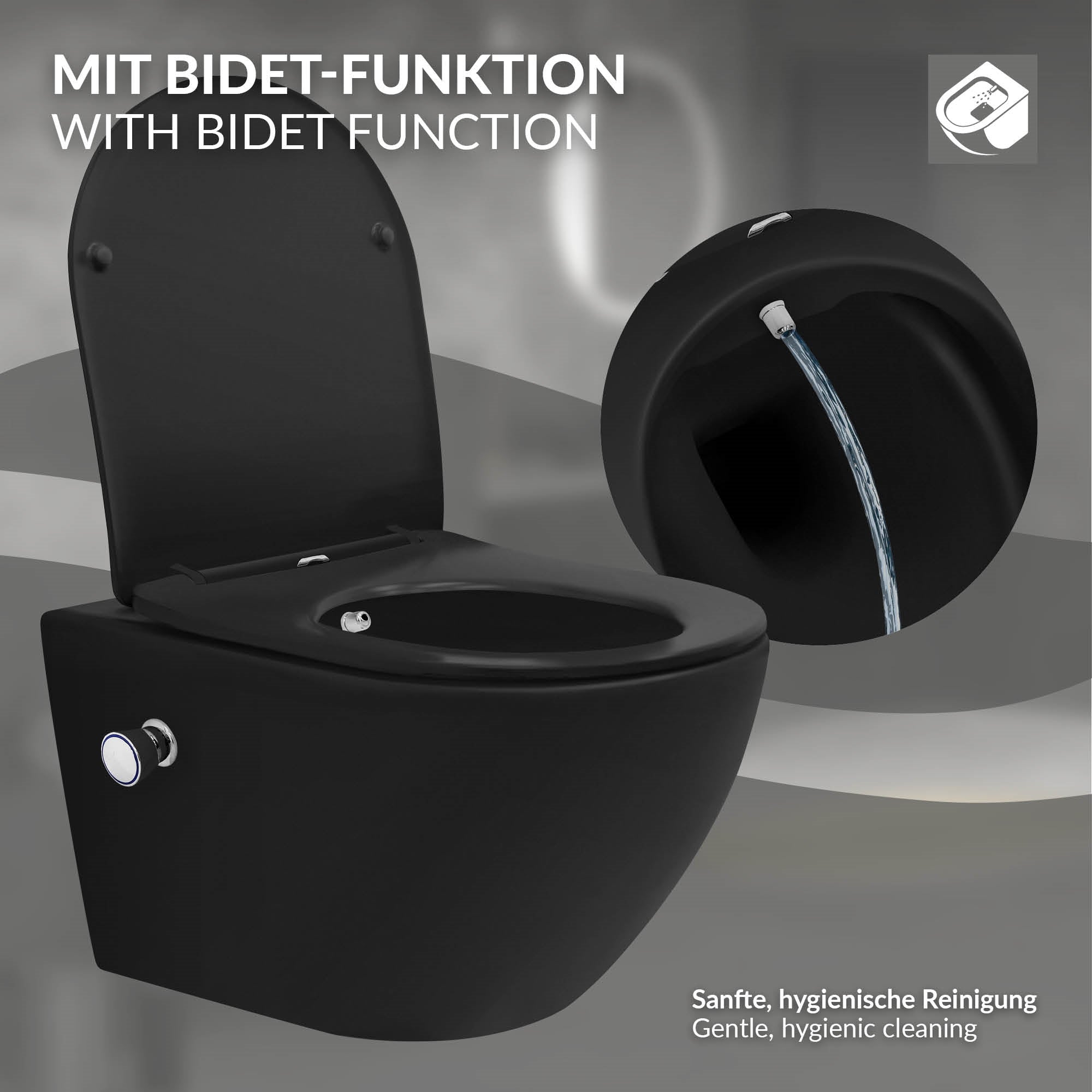 Schwarze Toilette mit Bidet-Funktion und Wasseranschluss.