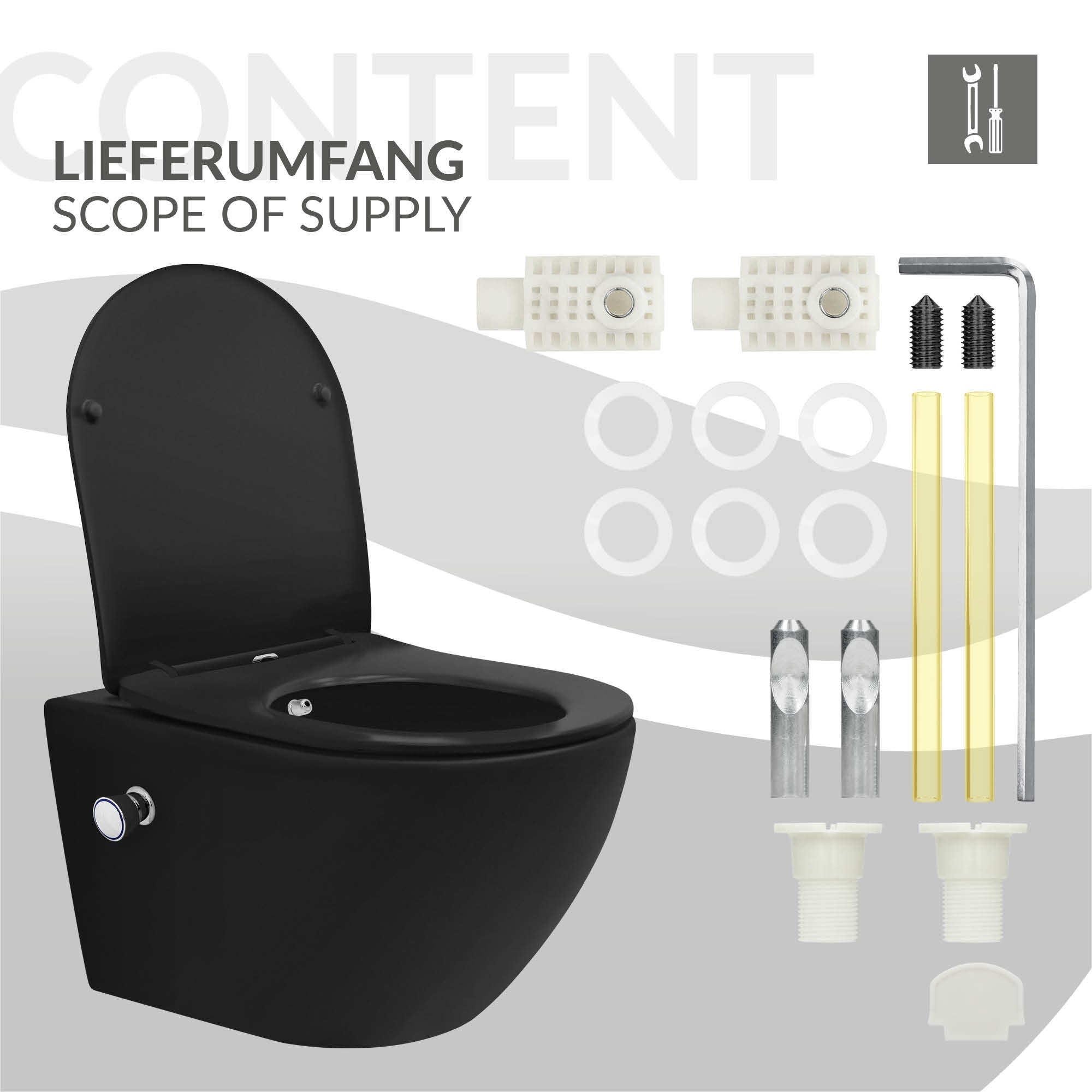 Schwarze Toilette mit Zubehörteilen auf hellem Hintergrund.