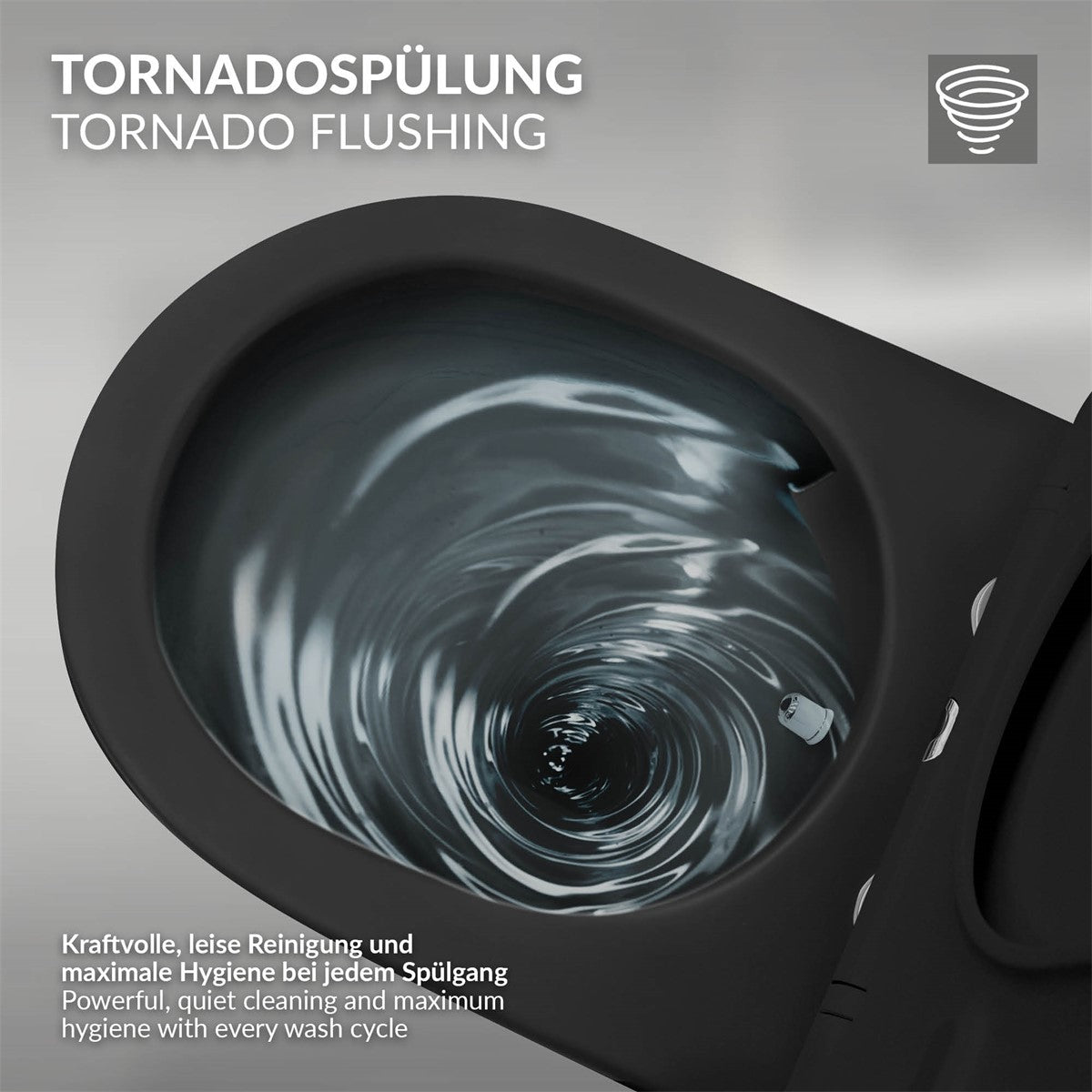 Grafica con un vortice d’acqua in un WC, che indica lo scarico Tornado.