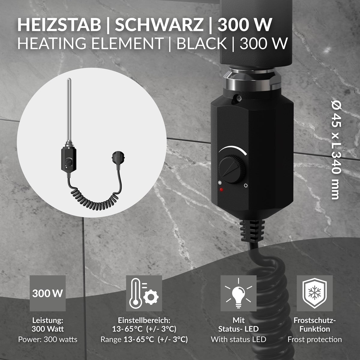 Heizstab in Schwarz mit Temperaturbereich und Frostschutz-Funktion.