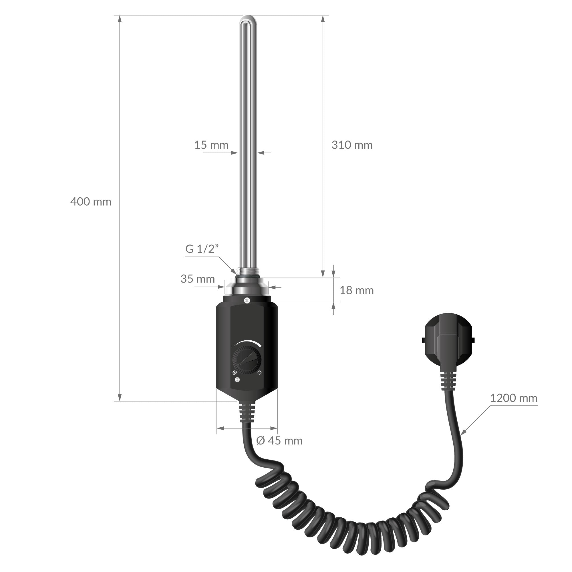 Technische Zeichnung eines Heizstabs mit Abmessungen und Anschlussdetails.