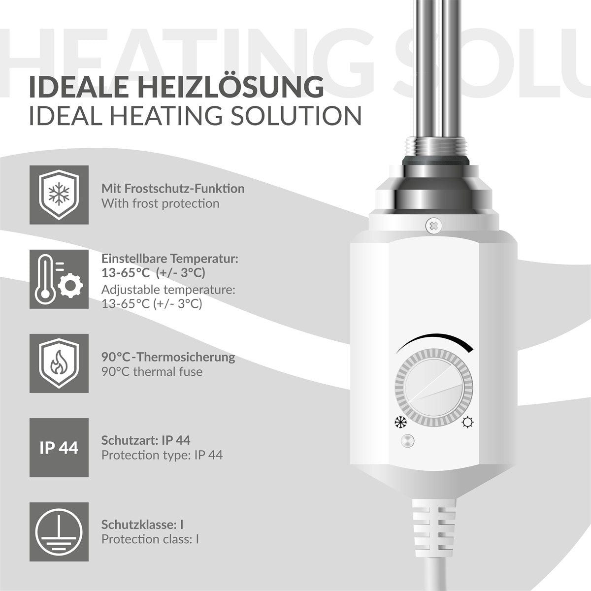 Heizgerät mit Temperaturregelung und Schutzfunktionen auf weißem Hintergrund.