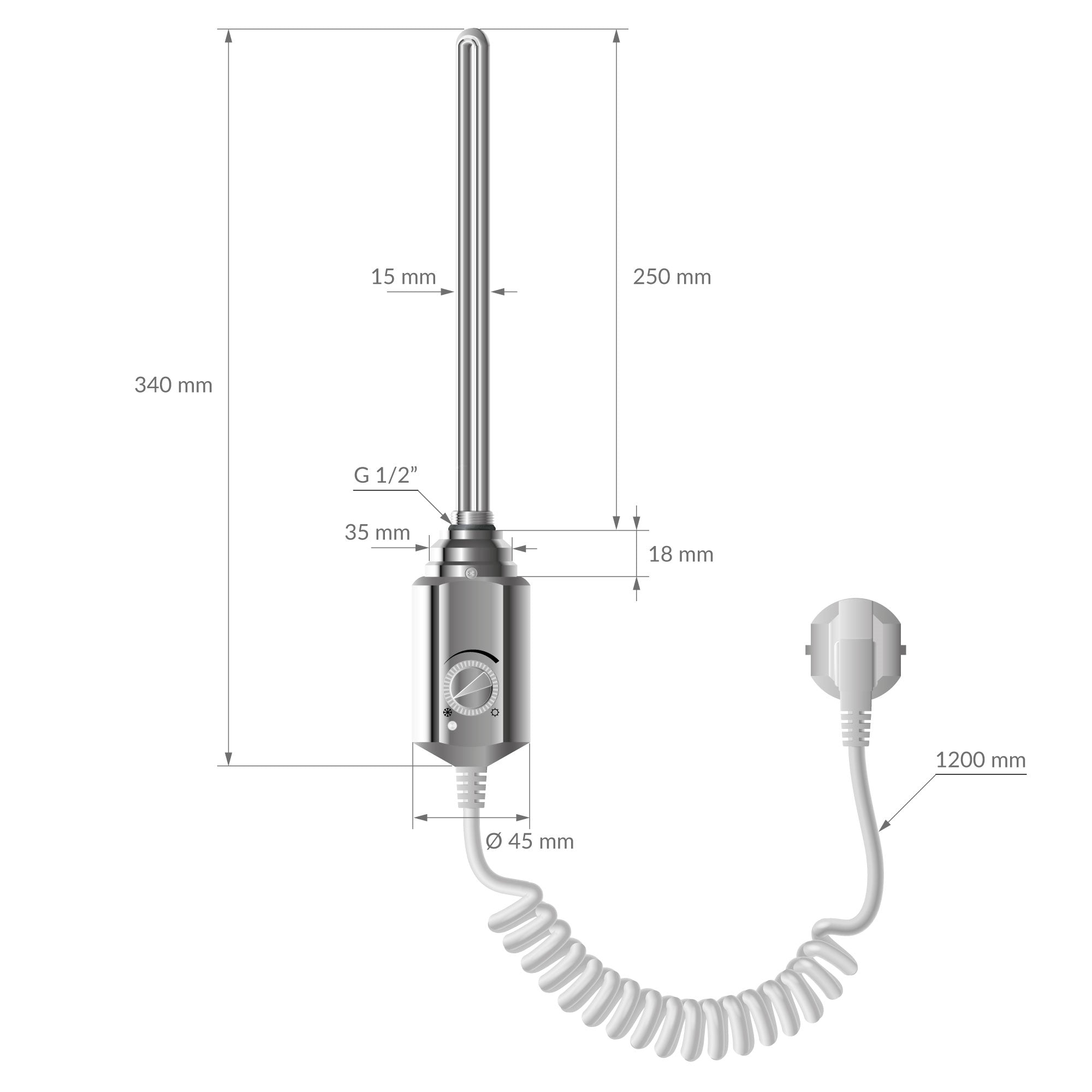 Technische Zeichnung eines Heizgeräts mit Maßen und Anschlussdetails.