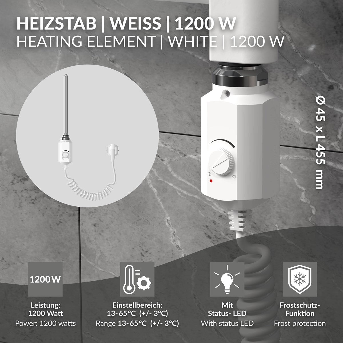 Heizstab in Weiß, 1200 W, mit Temperaturregelung und LED-Anzeige.