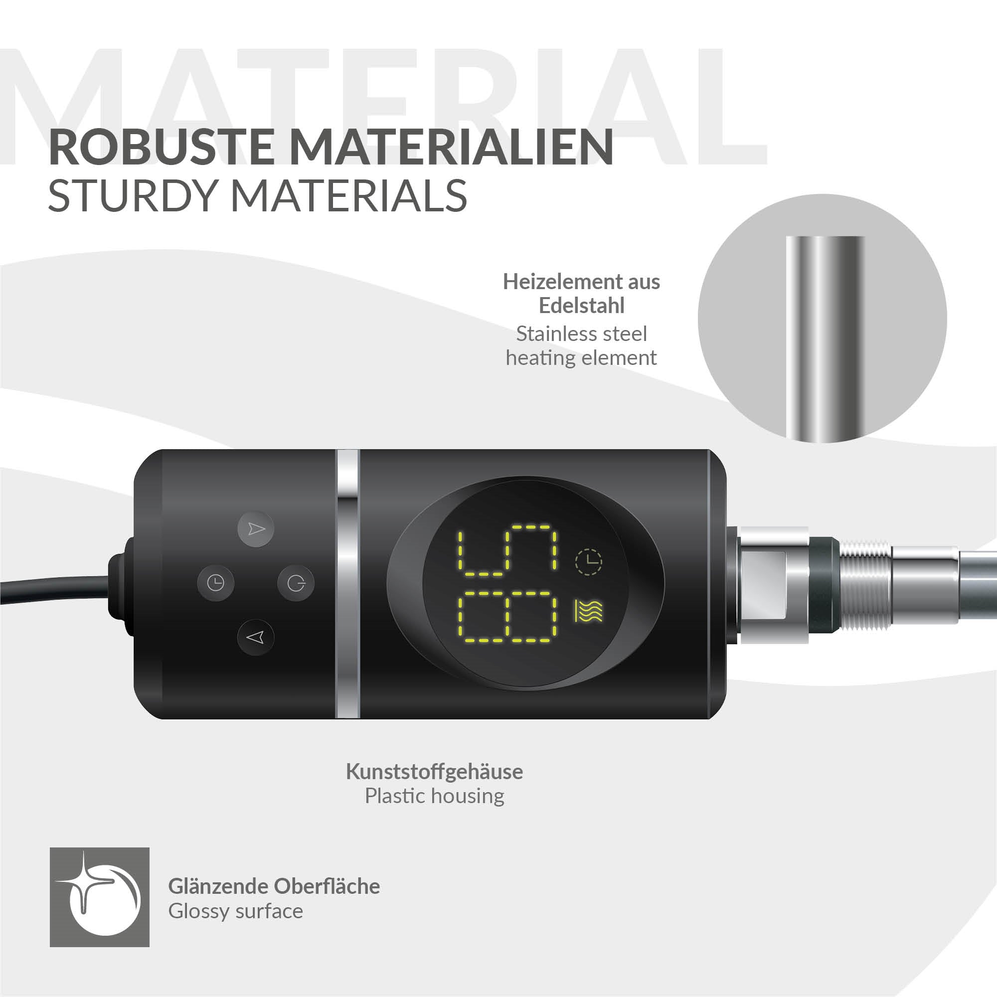 Heizstab aus Edelstahl mit digitalem Display und Kunststoffgehäuse.