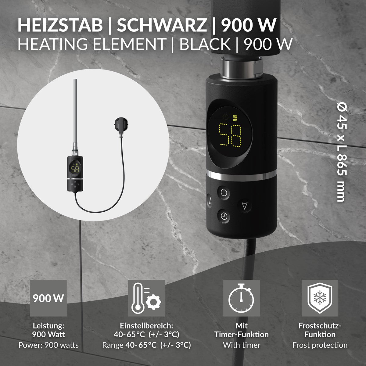 Heizstab mit technischen Details und Temperaturbereich auf einem Diagramm.