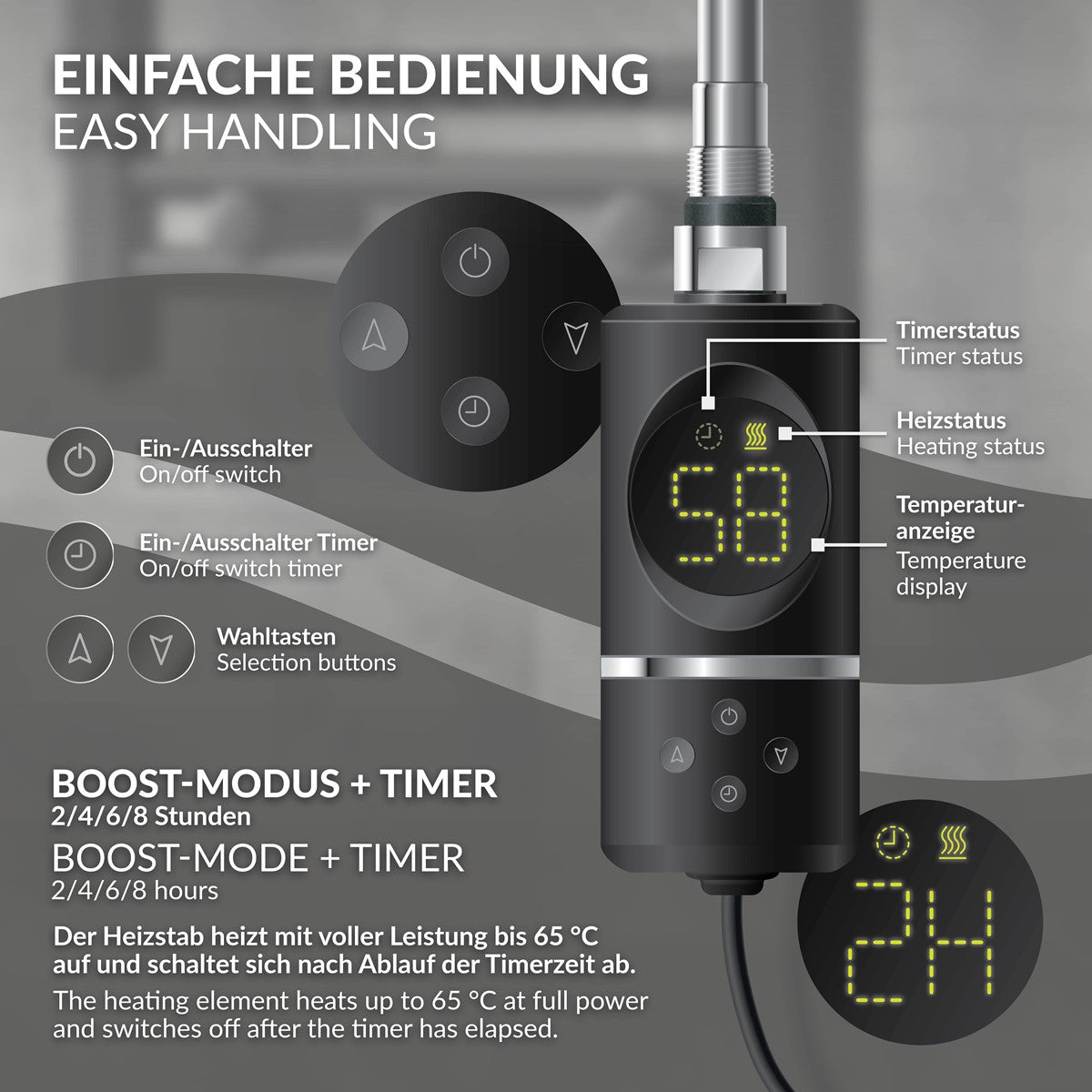 Heizgerät mit Timer-Funktion, einstellbarer Heizstärke und Temperaturanzeige.
