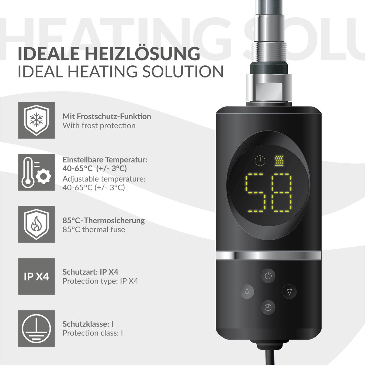 Heizgerät mit Temperaturanzeige und technischen Details.