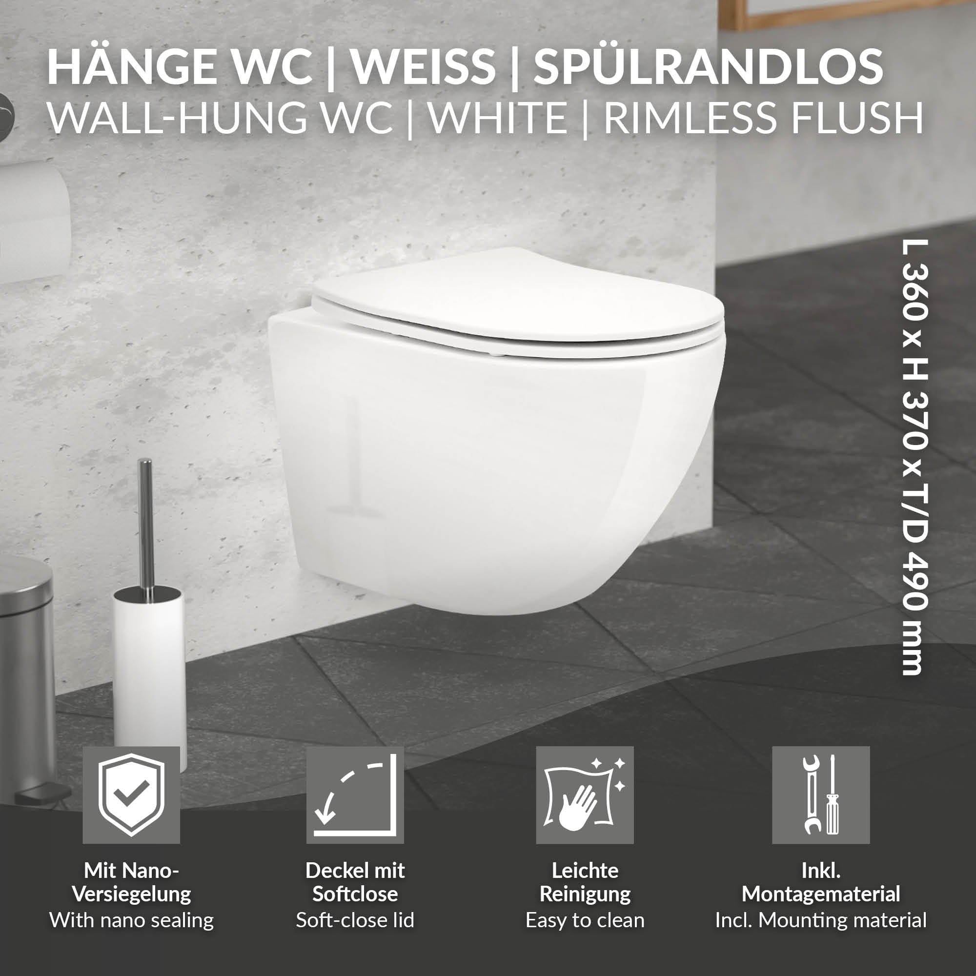 Hängendes WC in Weiß, spülrandlos, mit Nano-Versiegelung und leicht zu reinigender Oberfläche