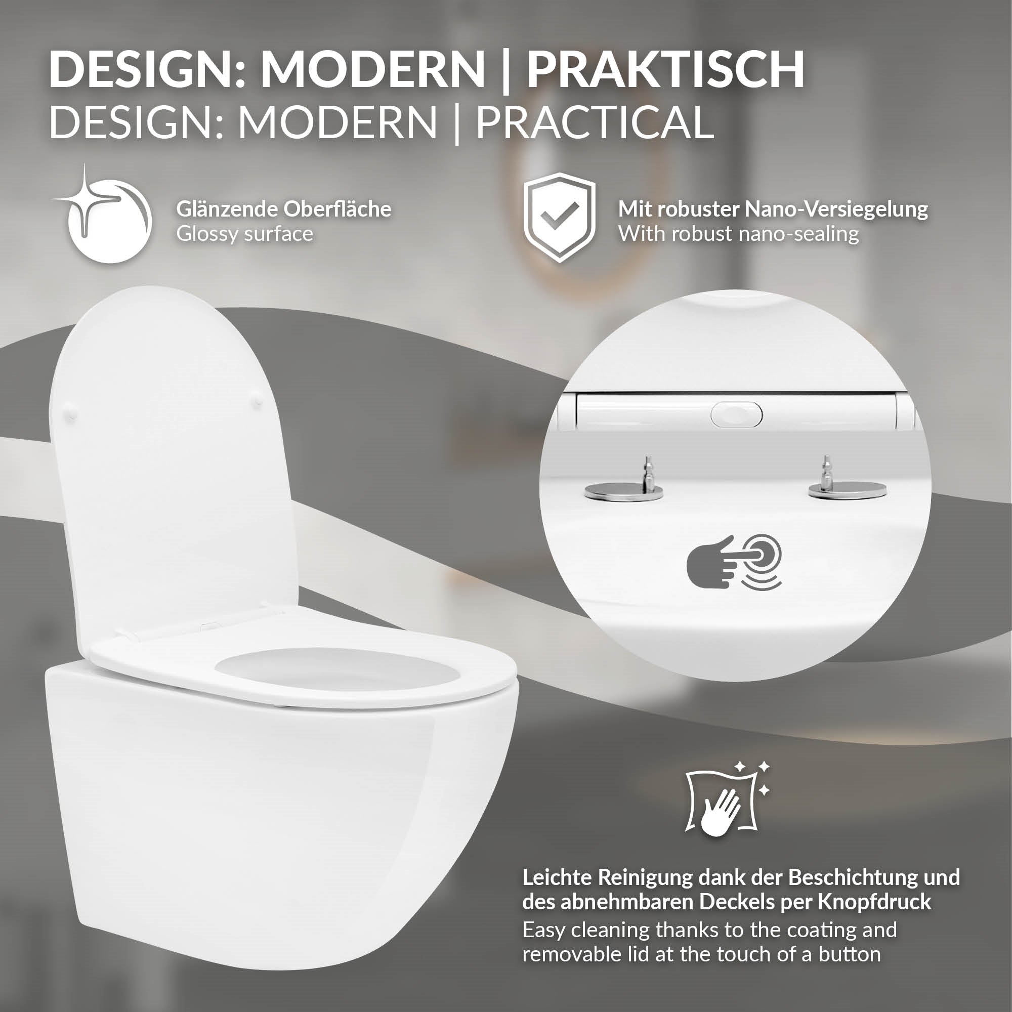 Toilette mit glänzender Oberfläche und abnehmbarem Deckel.