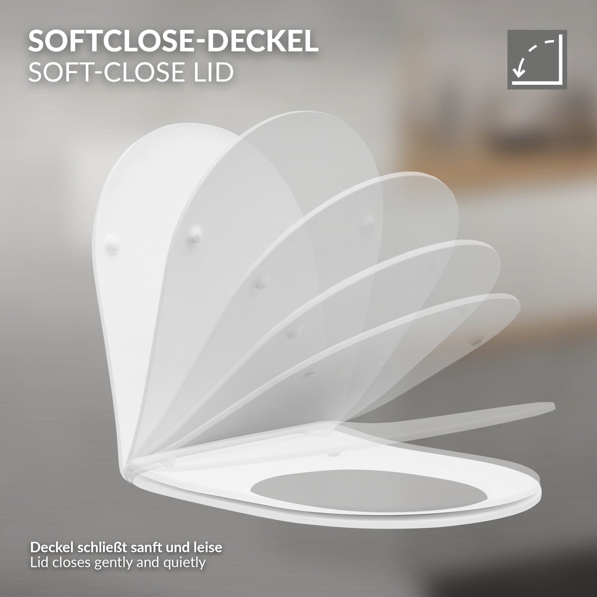Weißer Toilettendeckel, der sanft und leise schließt.