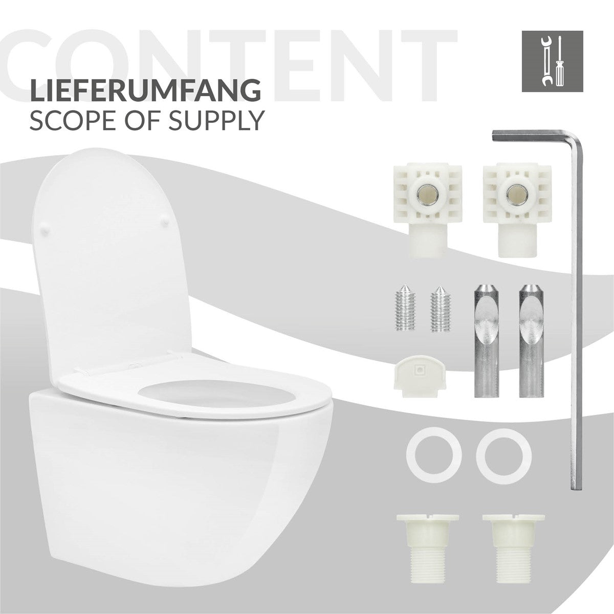 Eine Übersicht der Lieferinhalte für eine Toilettenschüssel.