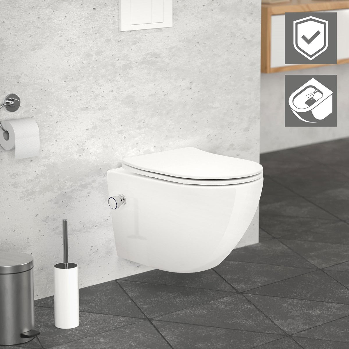 A modern wall-hung toilet in a bathroom with grey tiles.