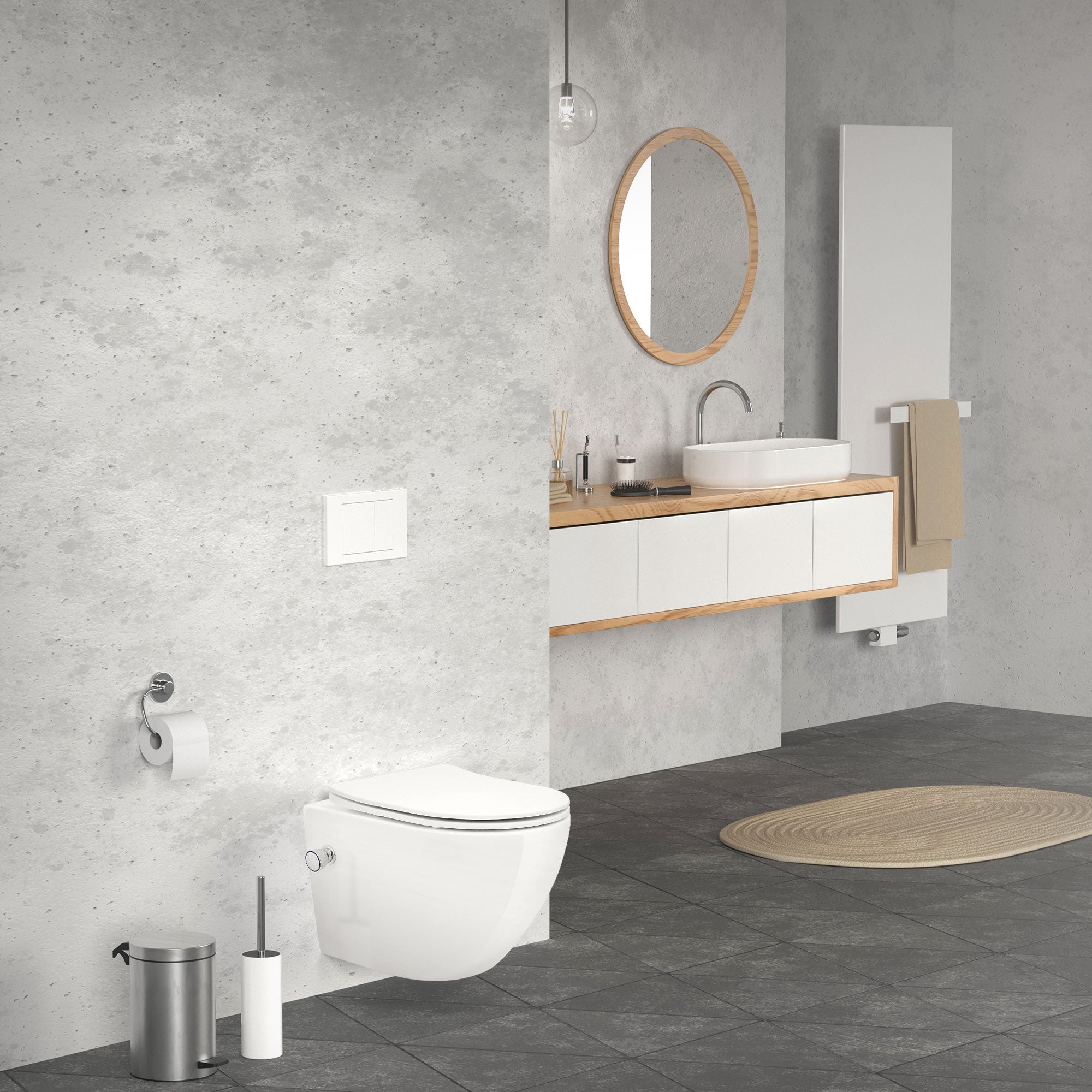 Modernes Badezimmer mit Toilette und Waschbecken.