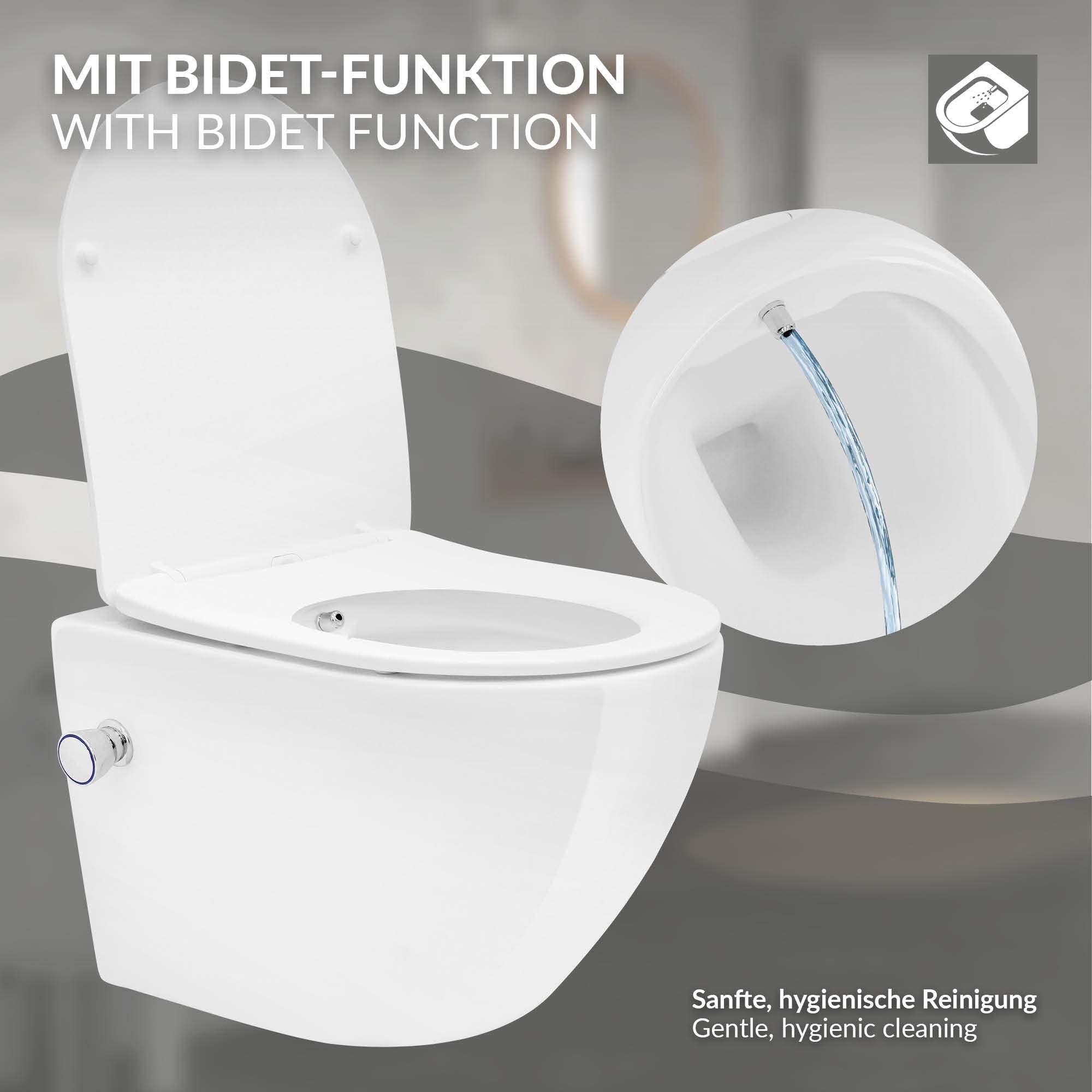 Toilette mit Bidet-Funktion und Wasseranschluss.