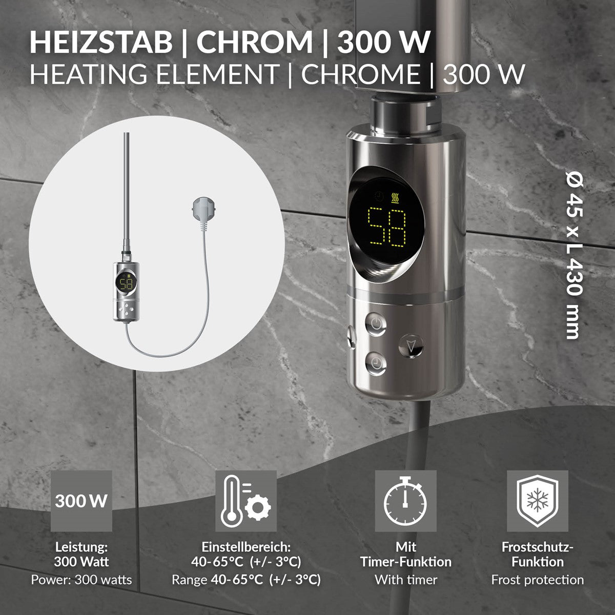 Heizstab aus Chrom mit digitaler Anzeige und Timer-Funktion.