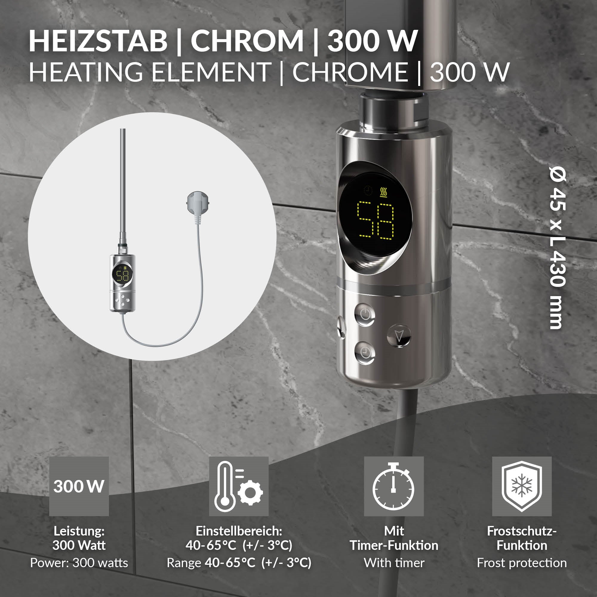 Riscaldatore in cromo con display digitale e funzione timer.