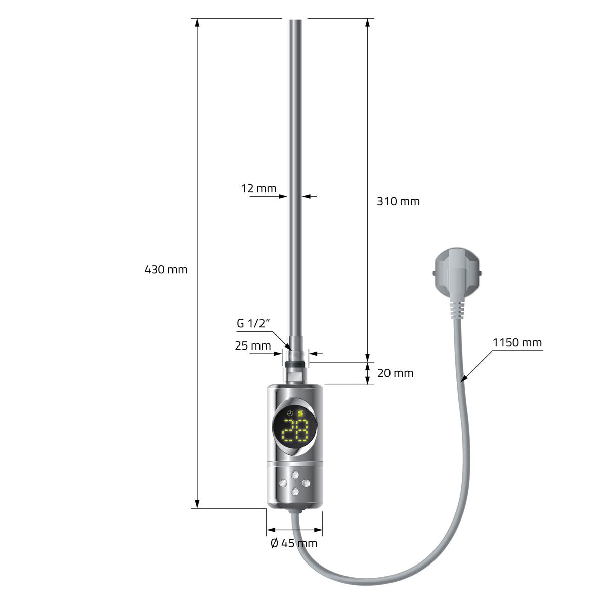 Technical drawing of a device with dimensions and connection details.