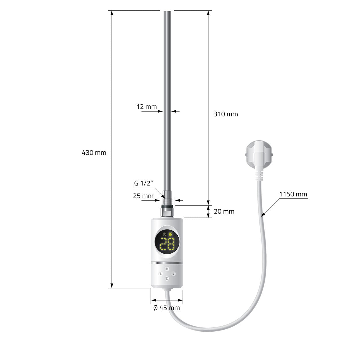 Verwarmingstoestel met afmetingen en kabel, gedetailleerde technische tekening.