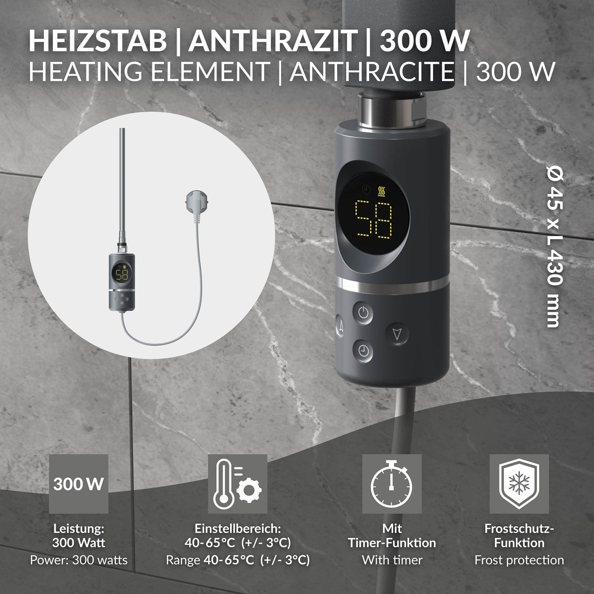 Heizstab in Anthrazit mit digitaler Anzeige und Temperaturbereich.
