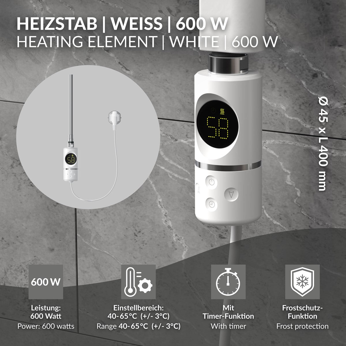 Weißer Heizstab mit digitaler Anzeige und Timer-Funktion.