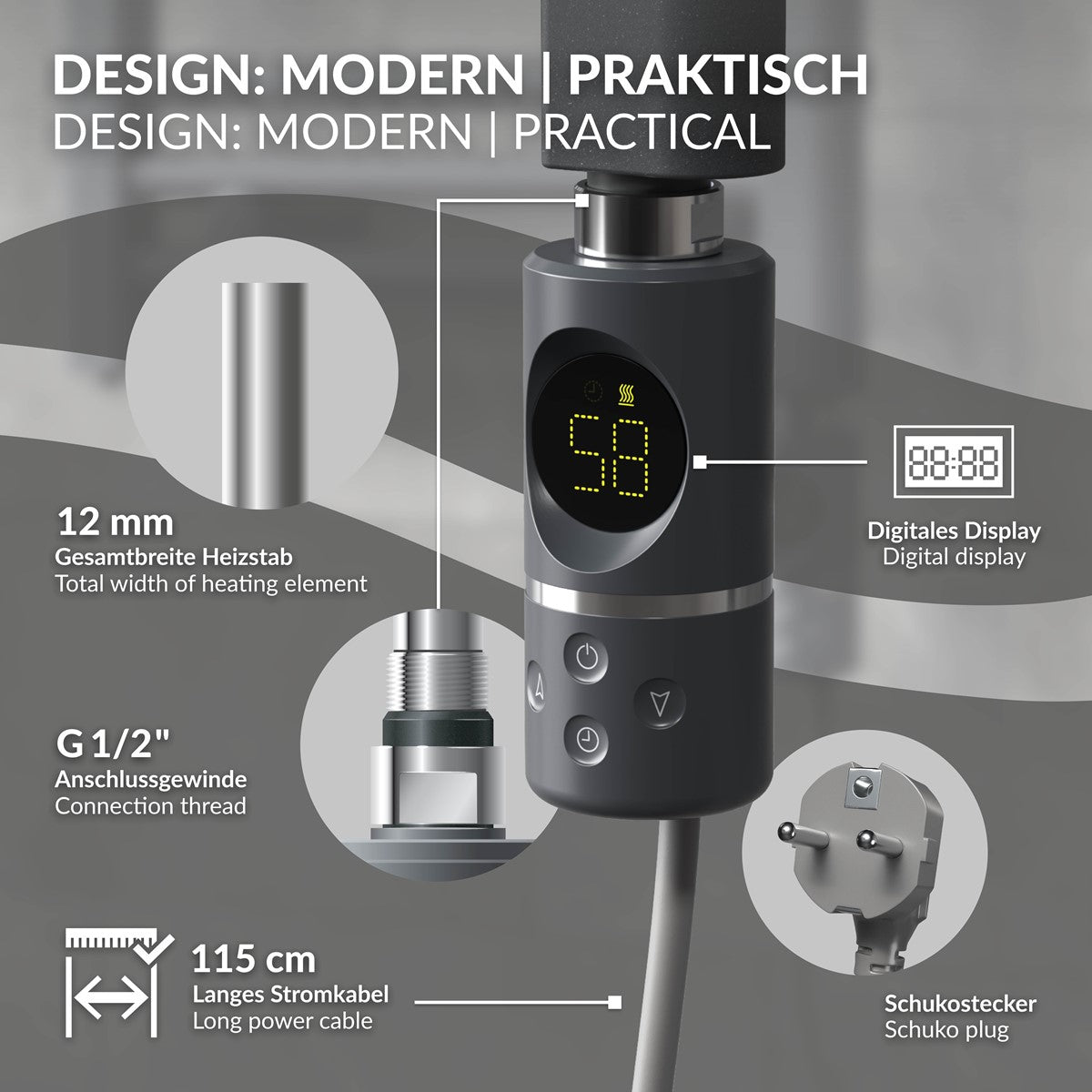 Gerät mit digitalem Display und Anschlussdetails.