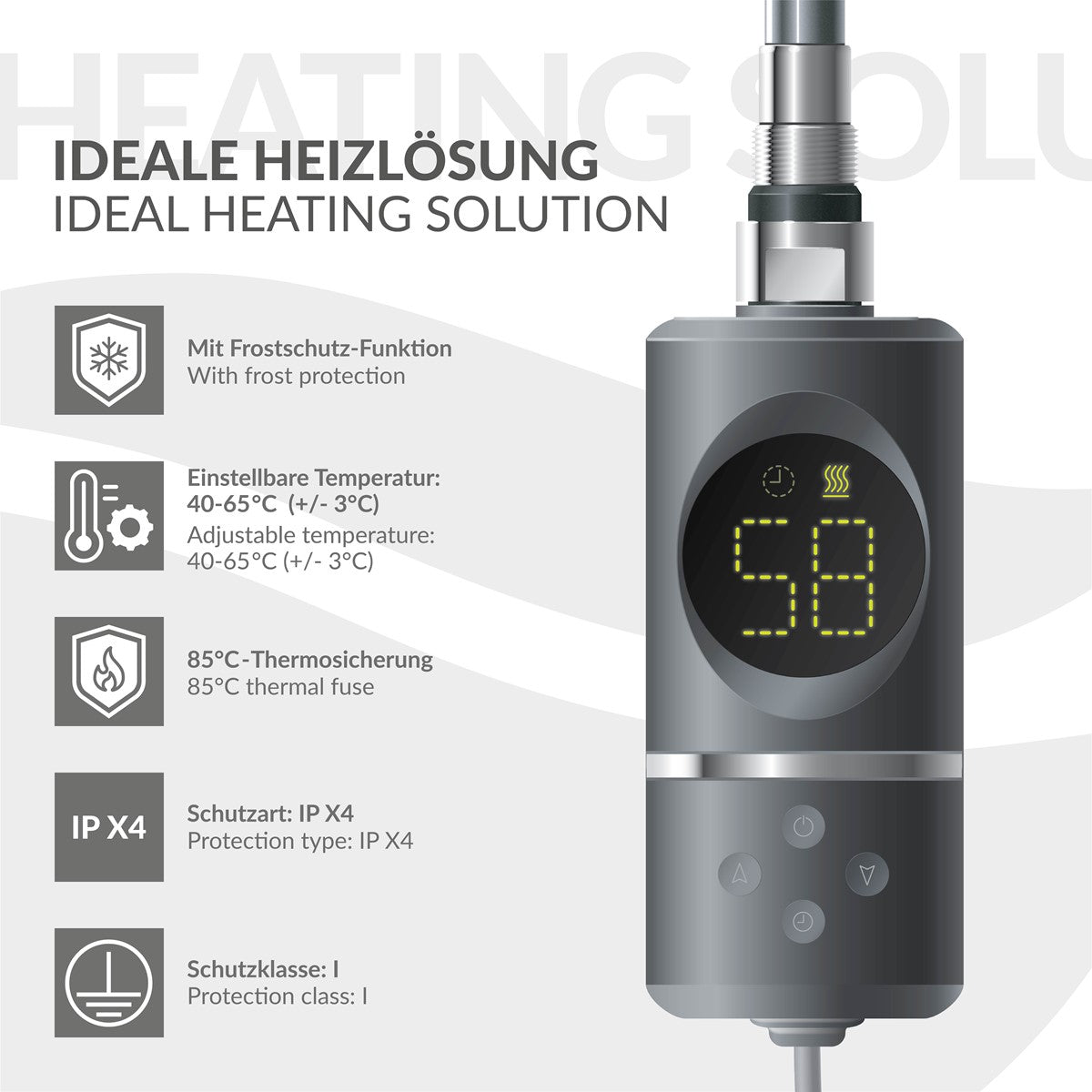 Heizstab in Anthrazit mit technischen Details und Schutzklasse IP X4.