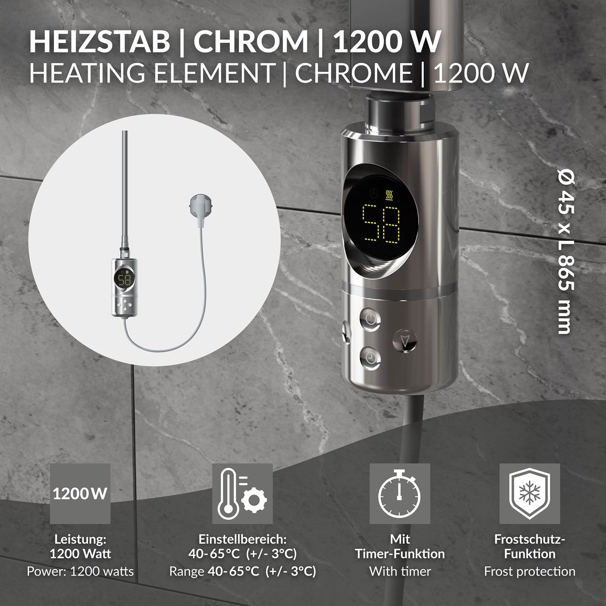 Heizstab in Chrom mit digitaler Anzeige und Kabel, 1200 W.