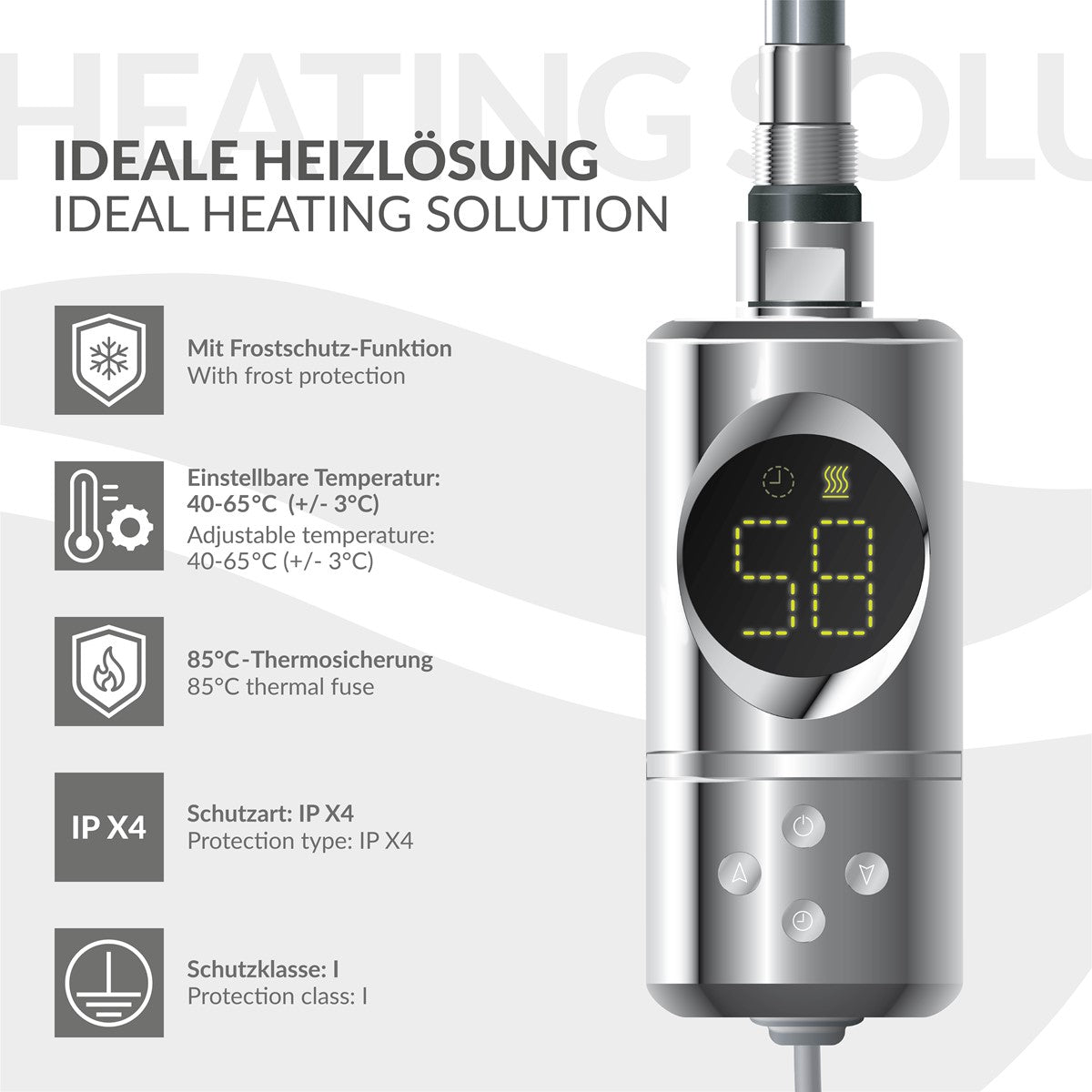 Heizstab in Silber mit digitalem Display und technischen Details.