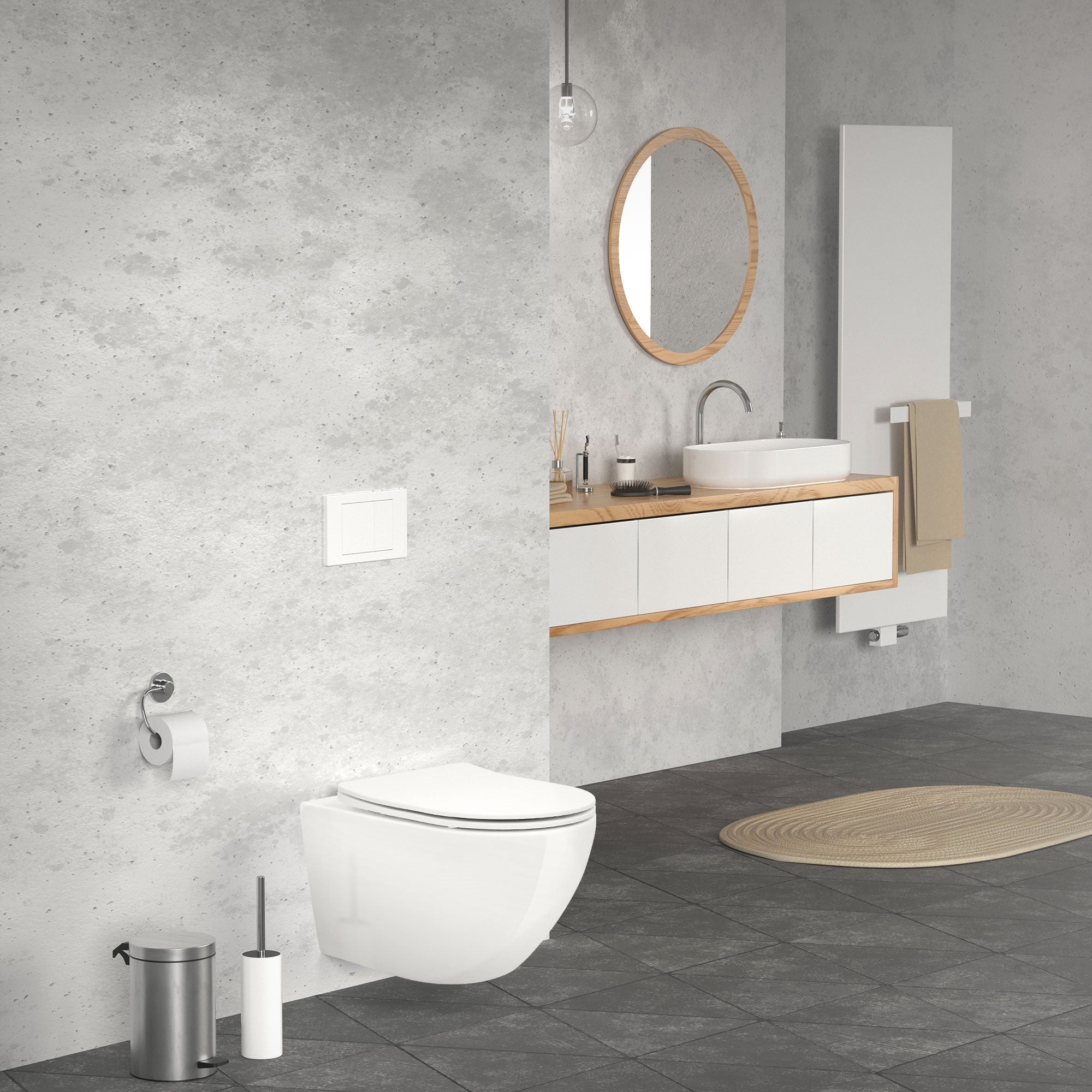 Badezimmer mit Wandtoilette, Waschbecken und runder Wandspiegel.