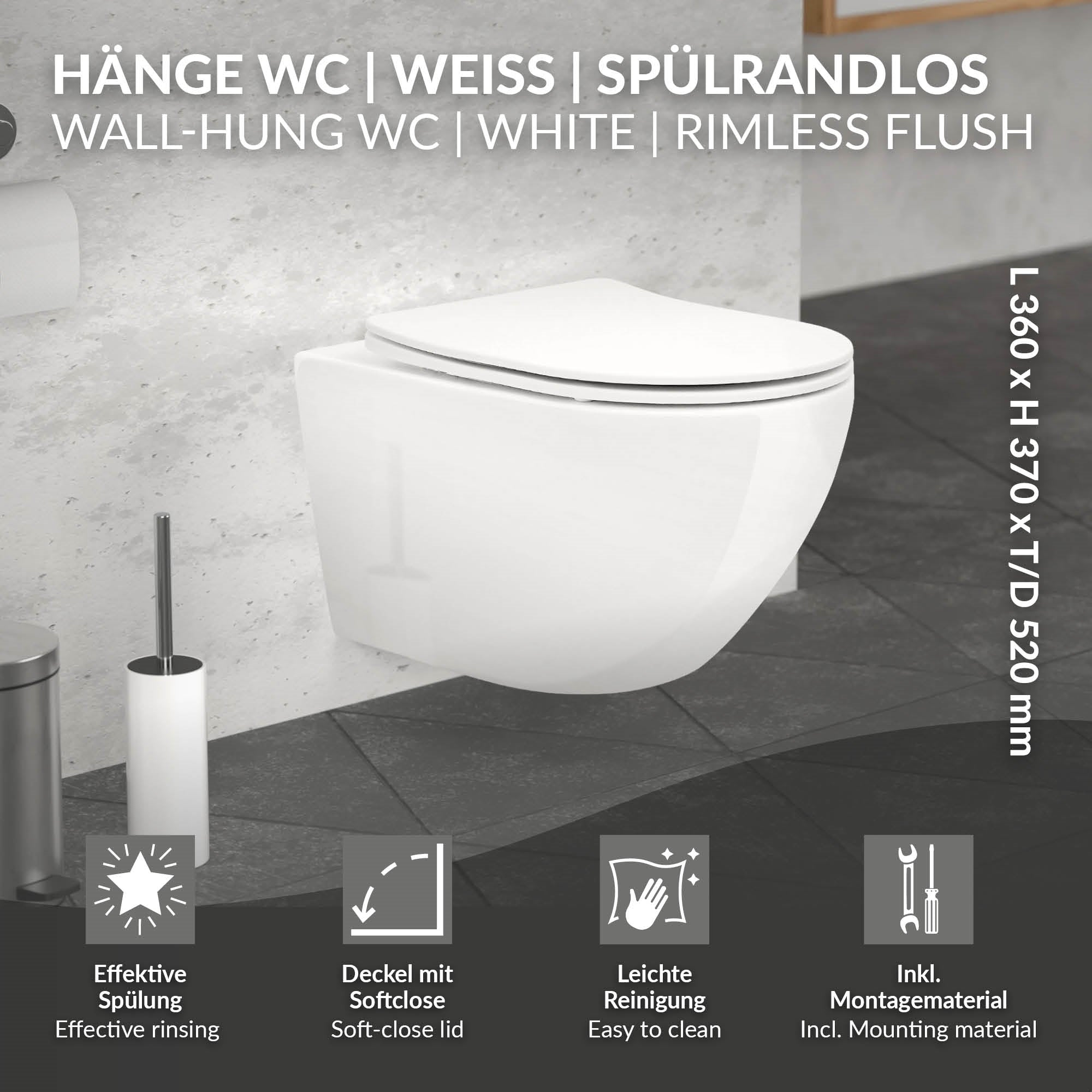 Hängendes WC in Weiß, spülrandlos, mit technischen Details und Maßen.