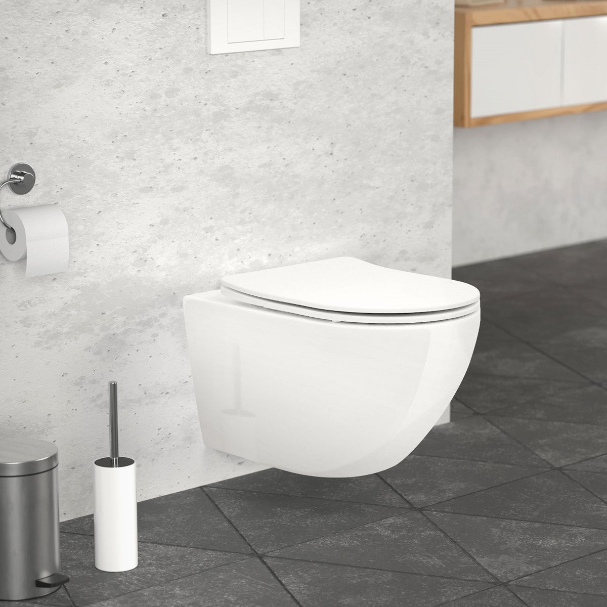 Wall-hung toilet in a modern bathroom with a gray wall.