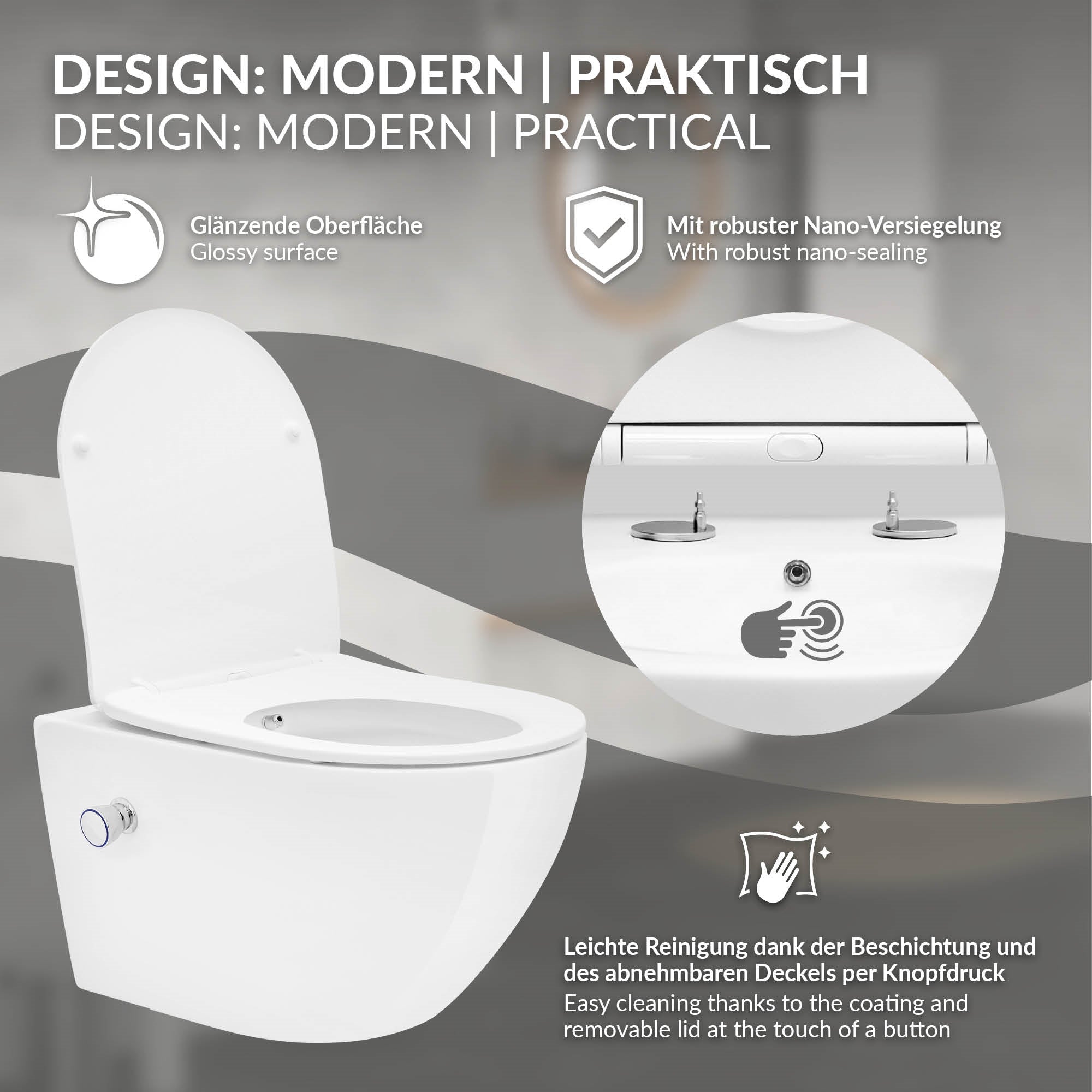Toilette mit robuster Nano-Versiegelung und Reinigungshinweisen.