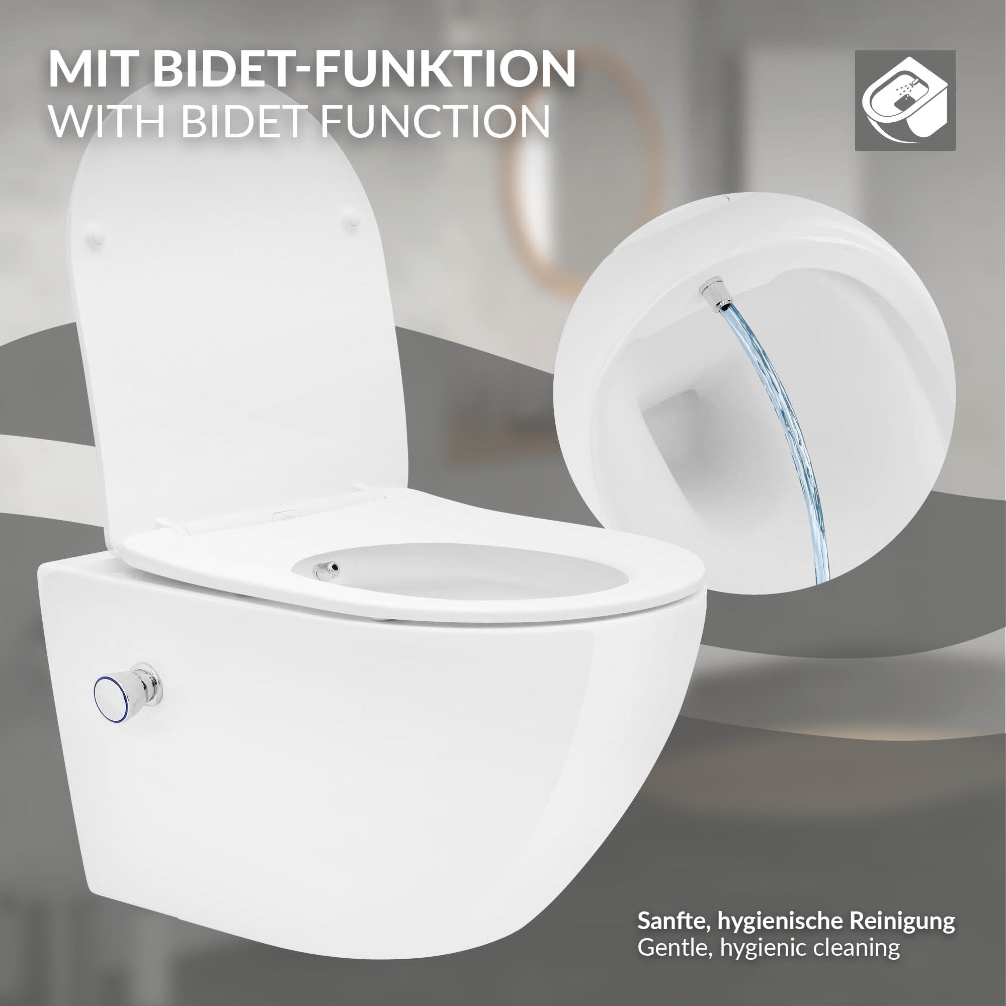 Toilette mit Bidet-Funktion, abgerundete Form und seitlichem Wasseranschluss.