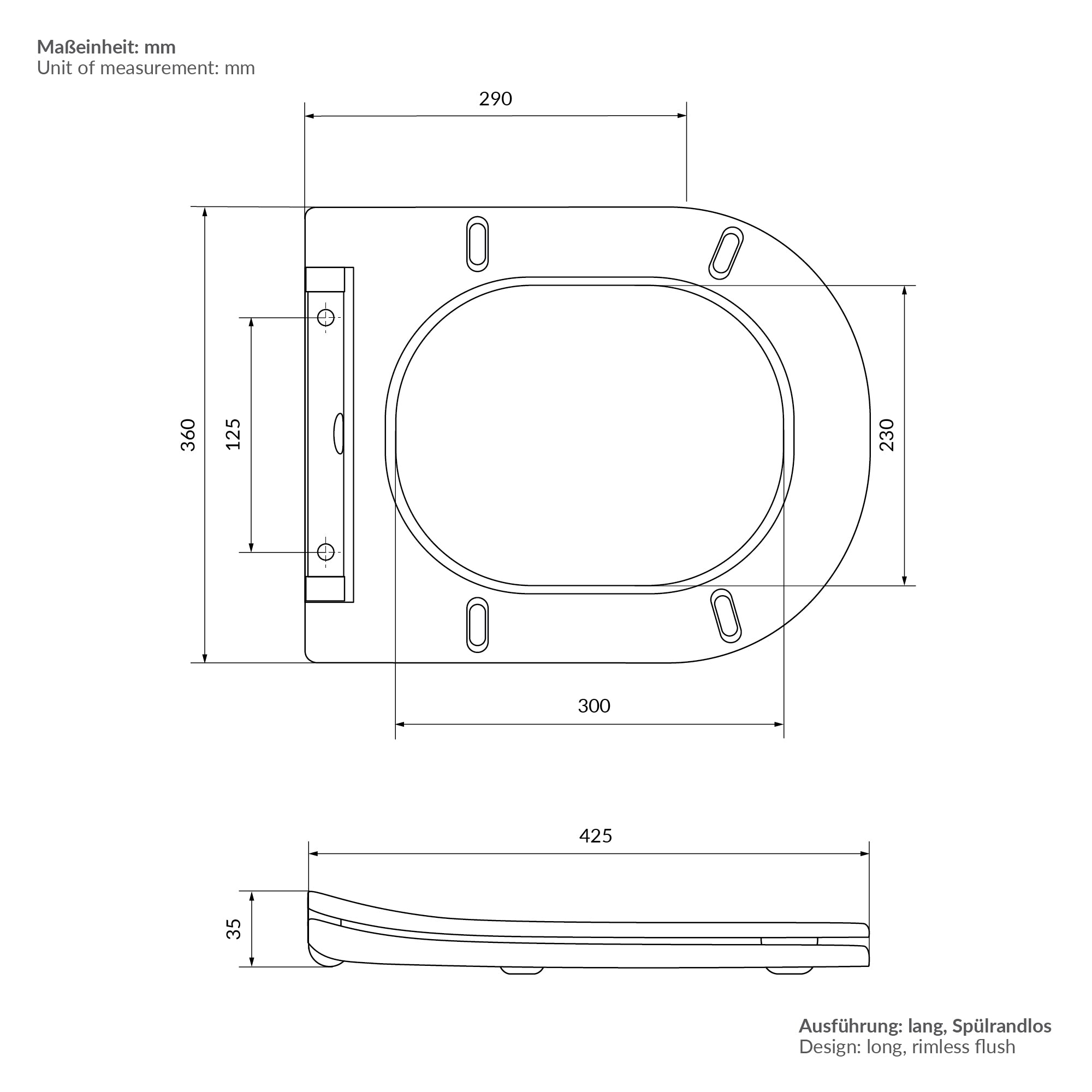 Technische Zeichnung der Toilettenschüssel mit Maßen in mm.