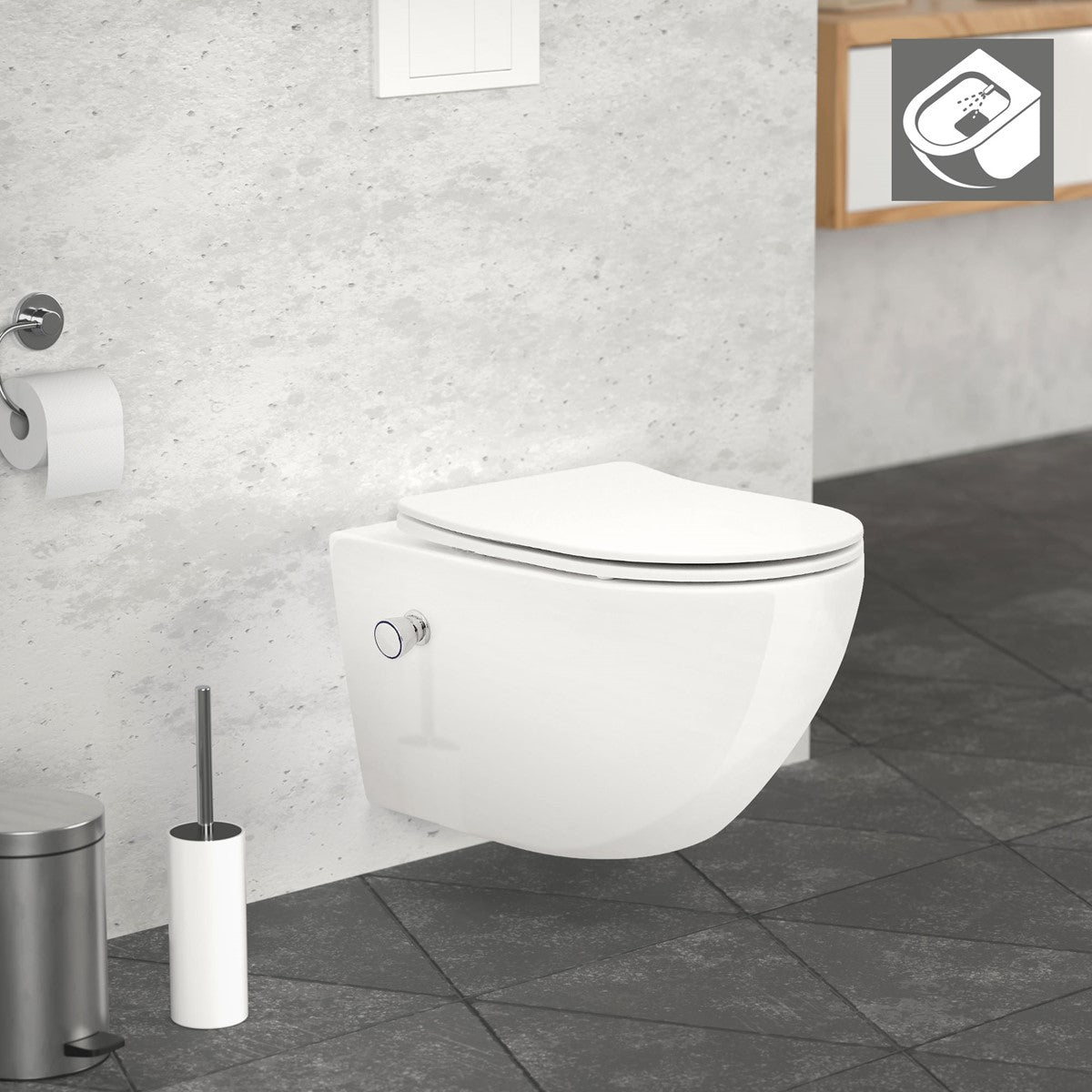 White wall-hung toilet against a gray wall with a washbasin and towel holder.